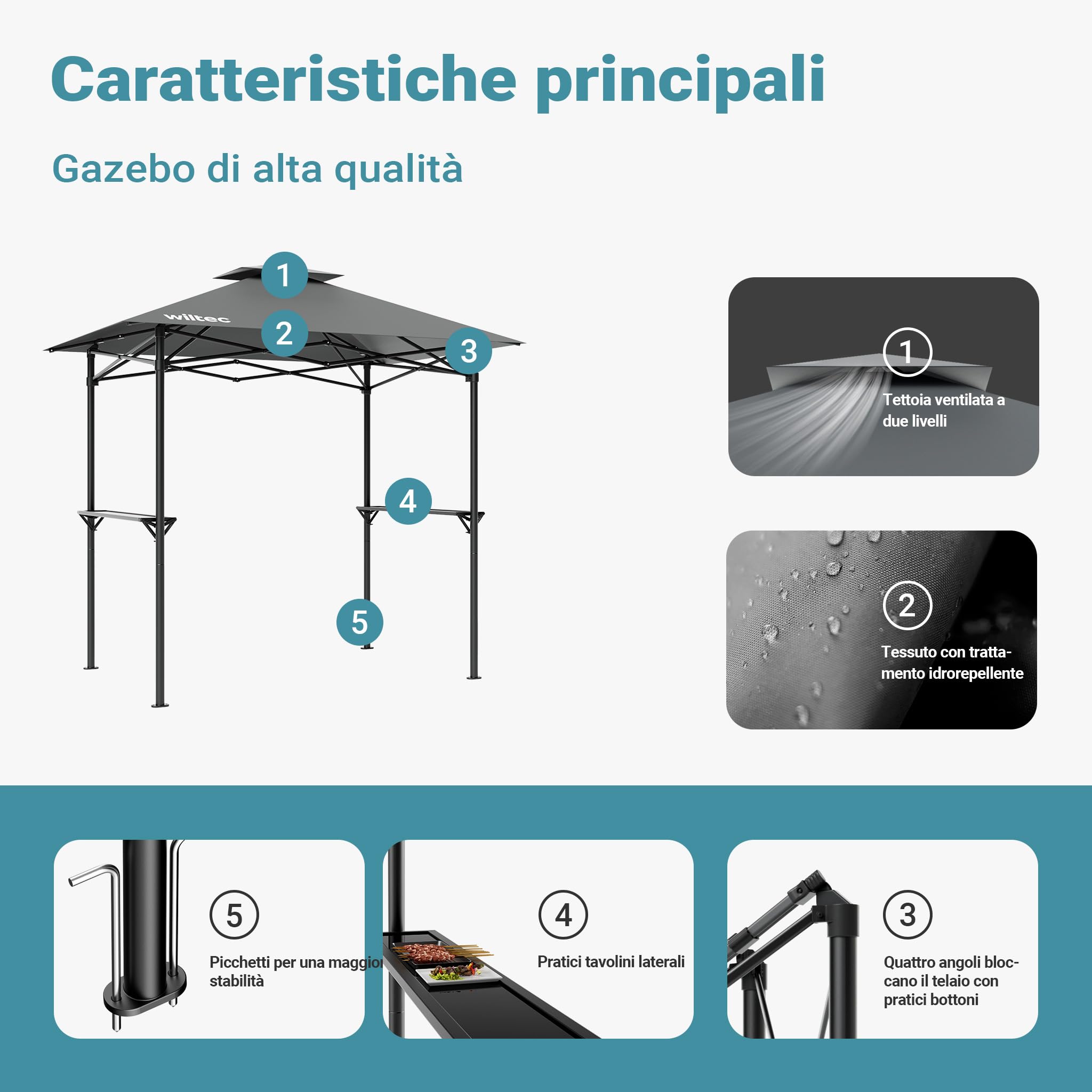Wiltec Gazebo Barbecue 2,45x1,52 m grigio con 2 ripiani