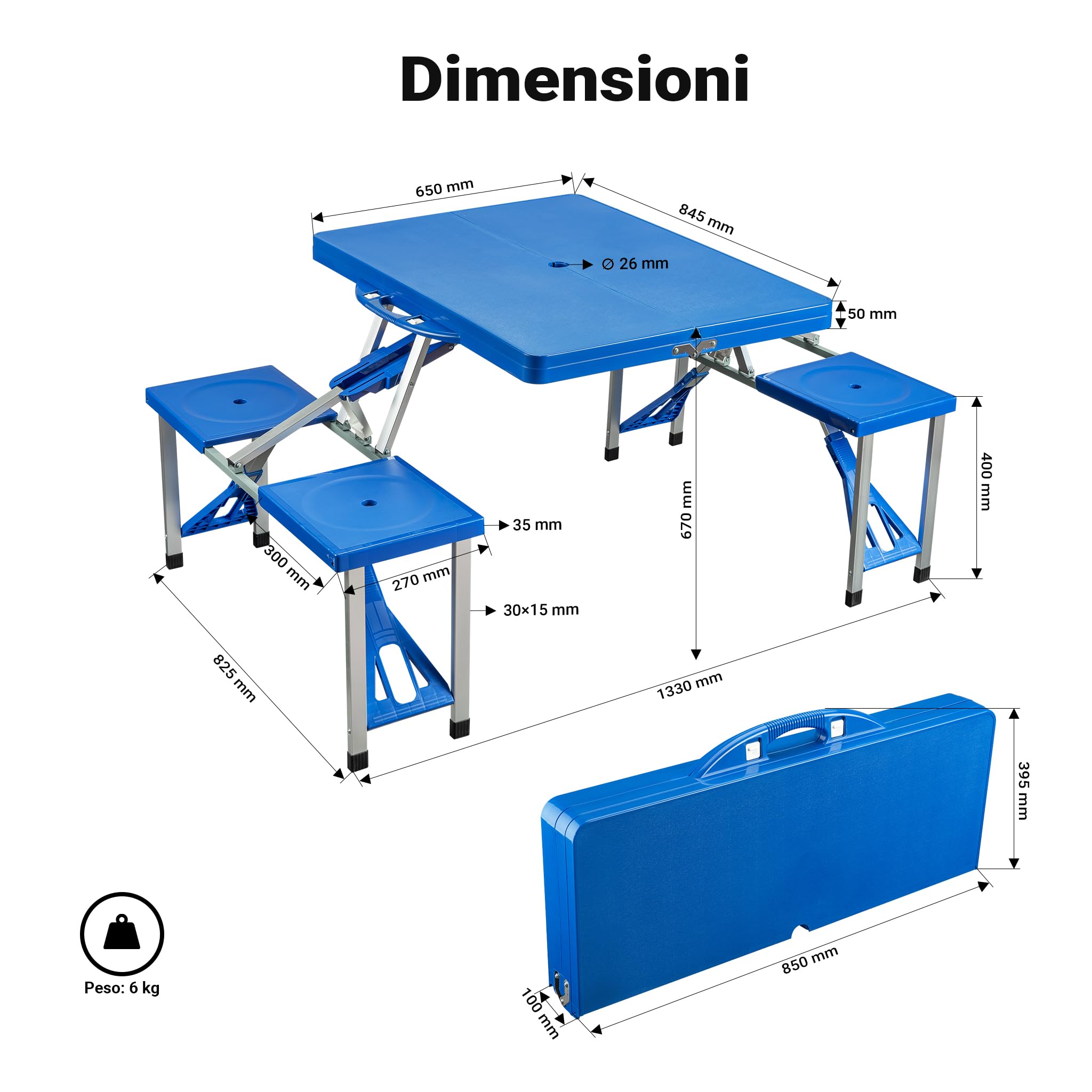 Wiltec tavolo campeggio pieghevole 4 sedie 133 cm