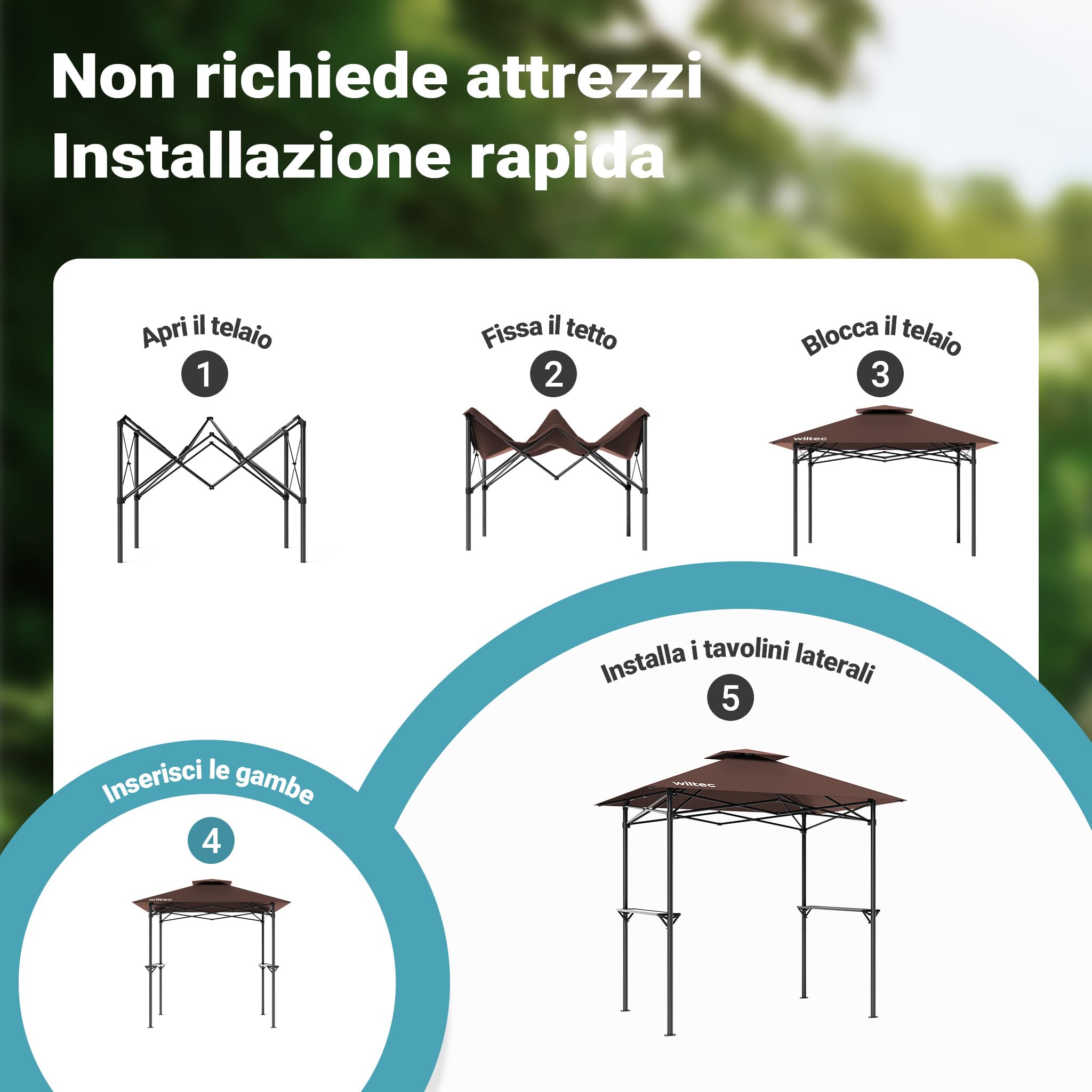 Wiltec gazebo barbecue 2,45x1,52 m caffe con ripiani telo UV50+