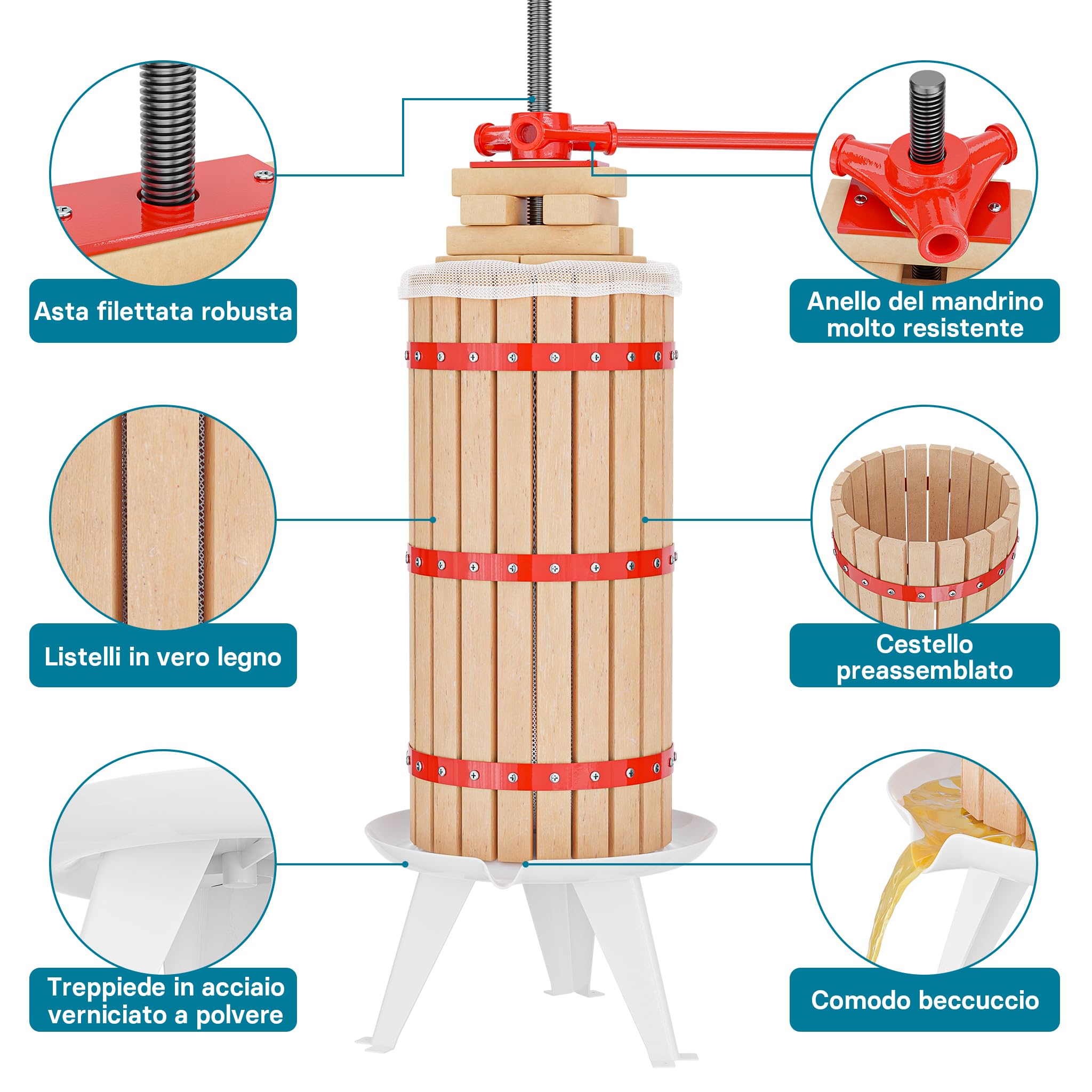 Wiltec Torchio Frutta 30 Litri Gabbia Legno con 3 Sacchi
