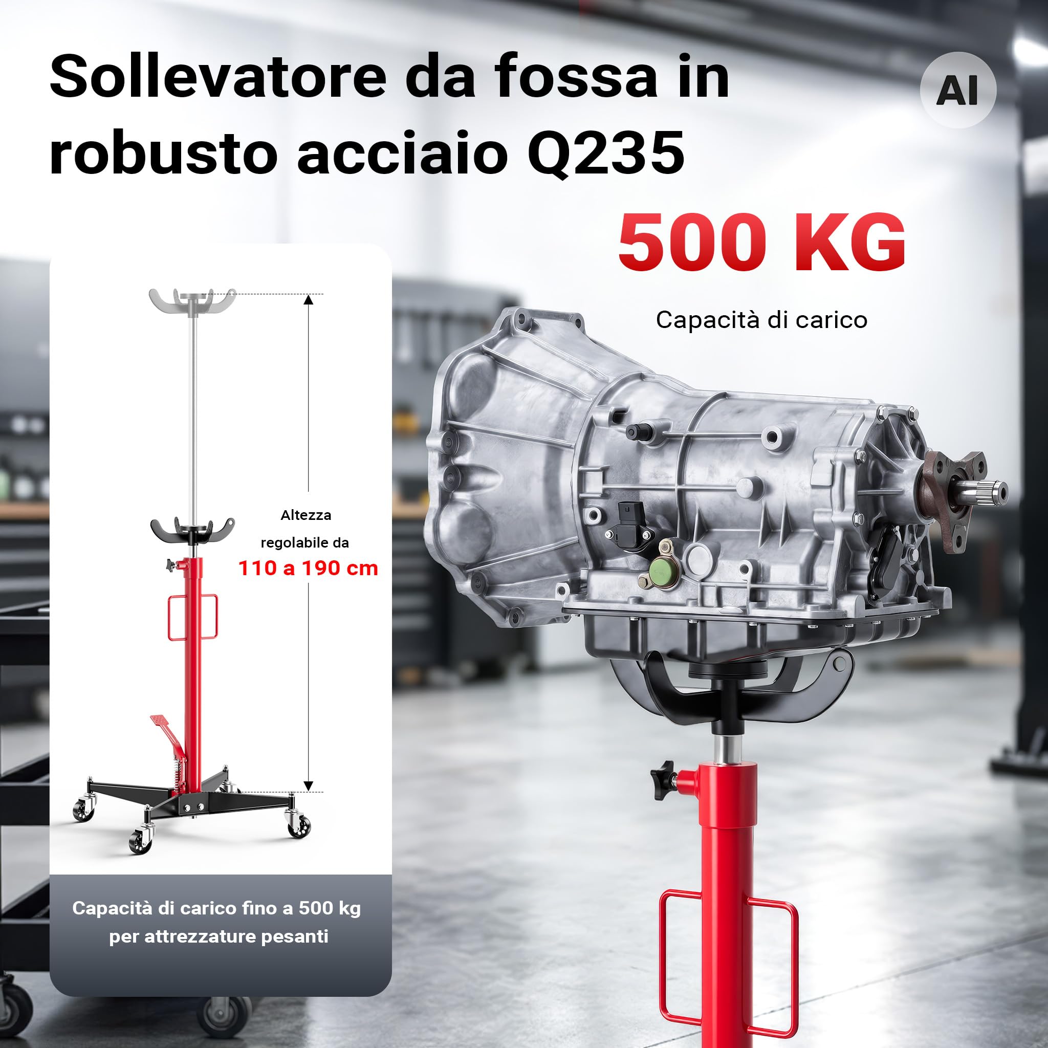 Wiltec Sollevatore da Fossa 110-190 cm 500 kg Idraulico
