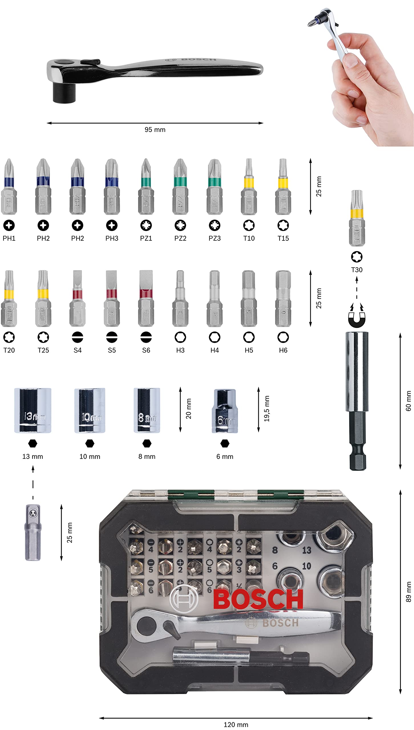 Bosch Set 26 Bit Avvitamento con Cricchetto e Bussole