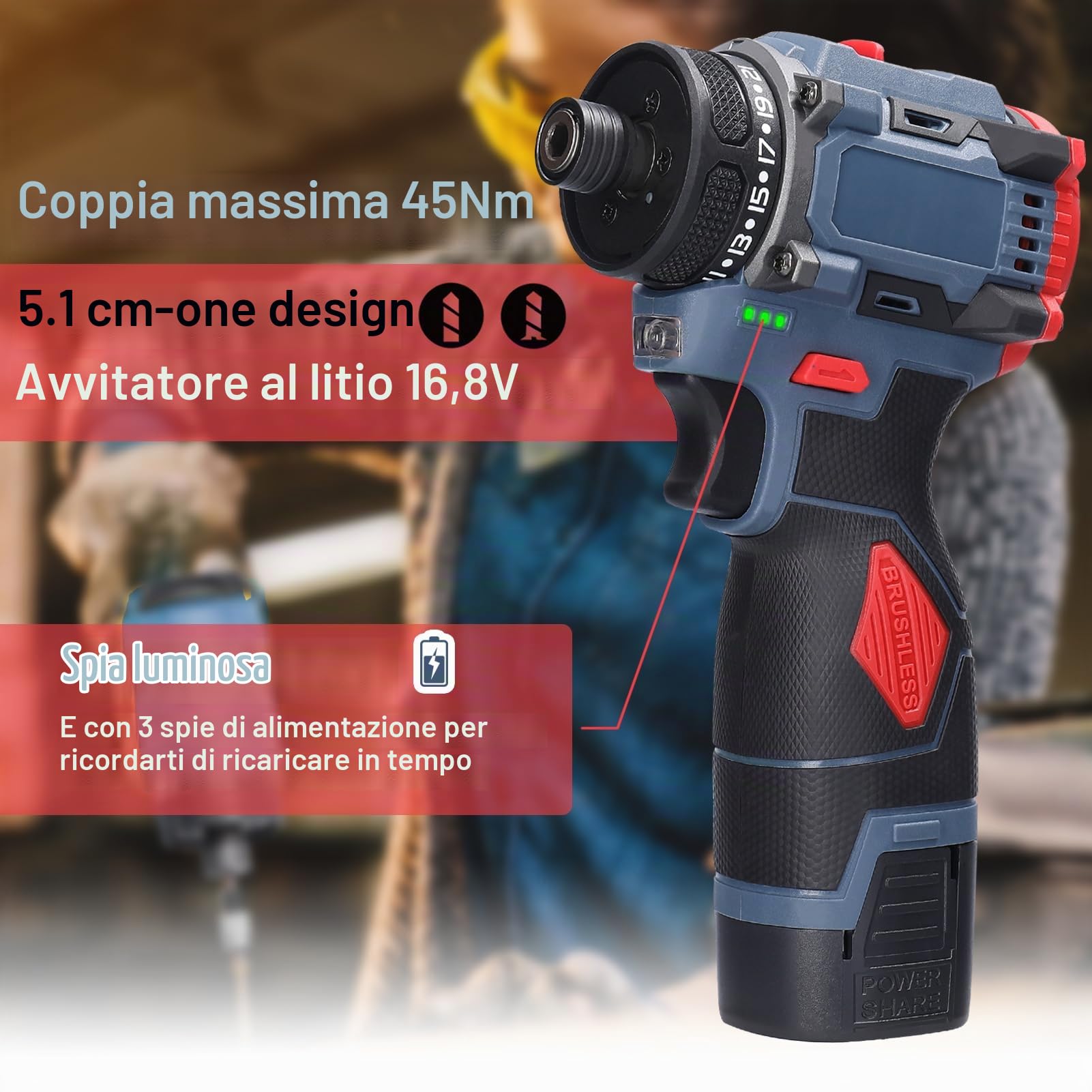 Weytoll 16.8V Trapano Avvitatore Batteria 45Nm 2 Batterie