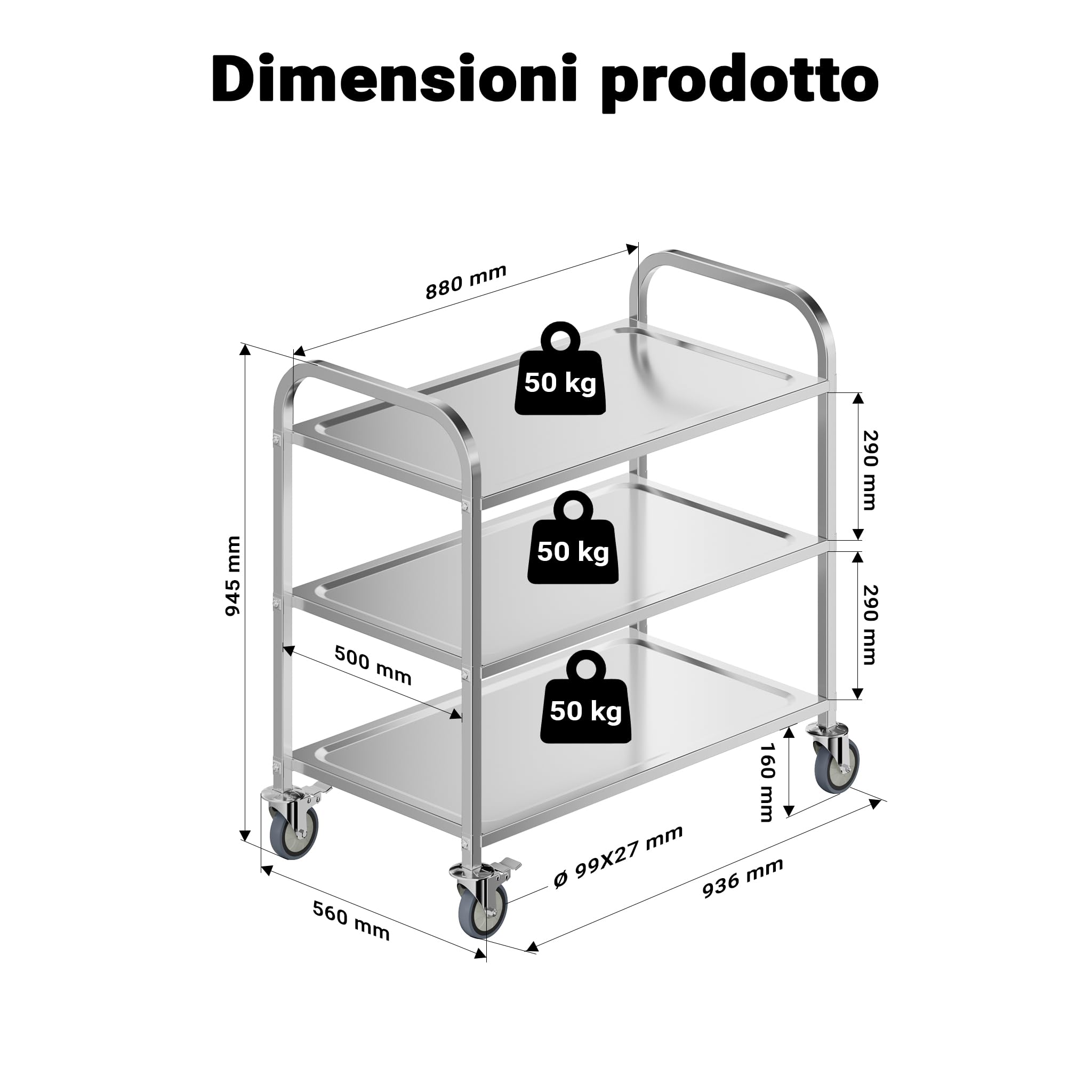 Wiltec carrello portavivande 3 ripiani acciaio inox 150 kg