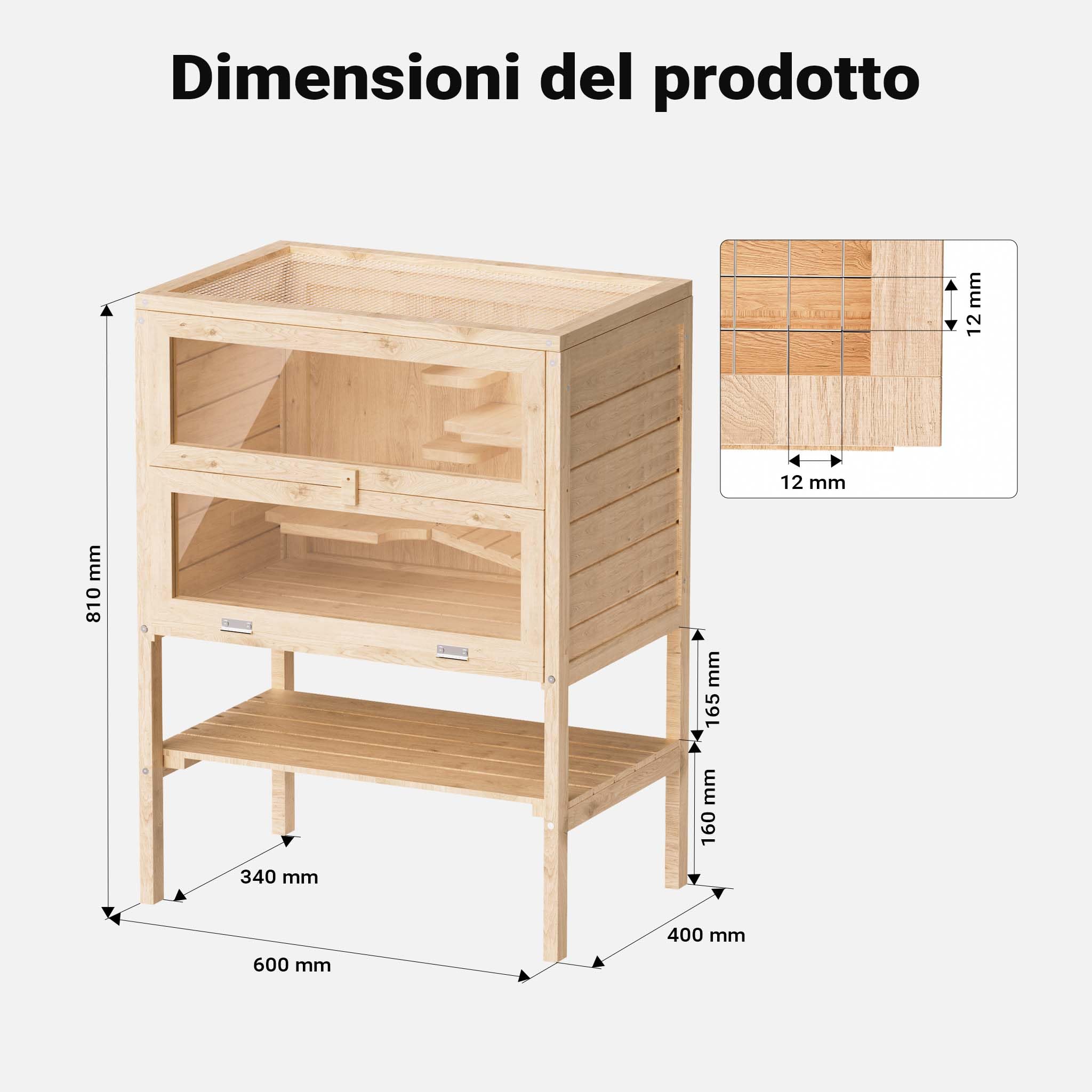 Wiltec Gabbia Roditori 3 Livelli 60x40x80 Legno Plexiglas