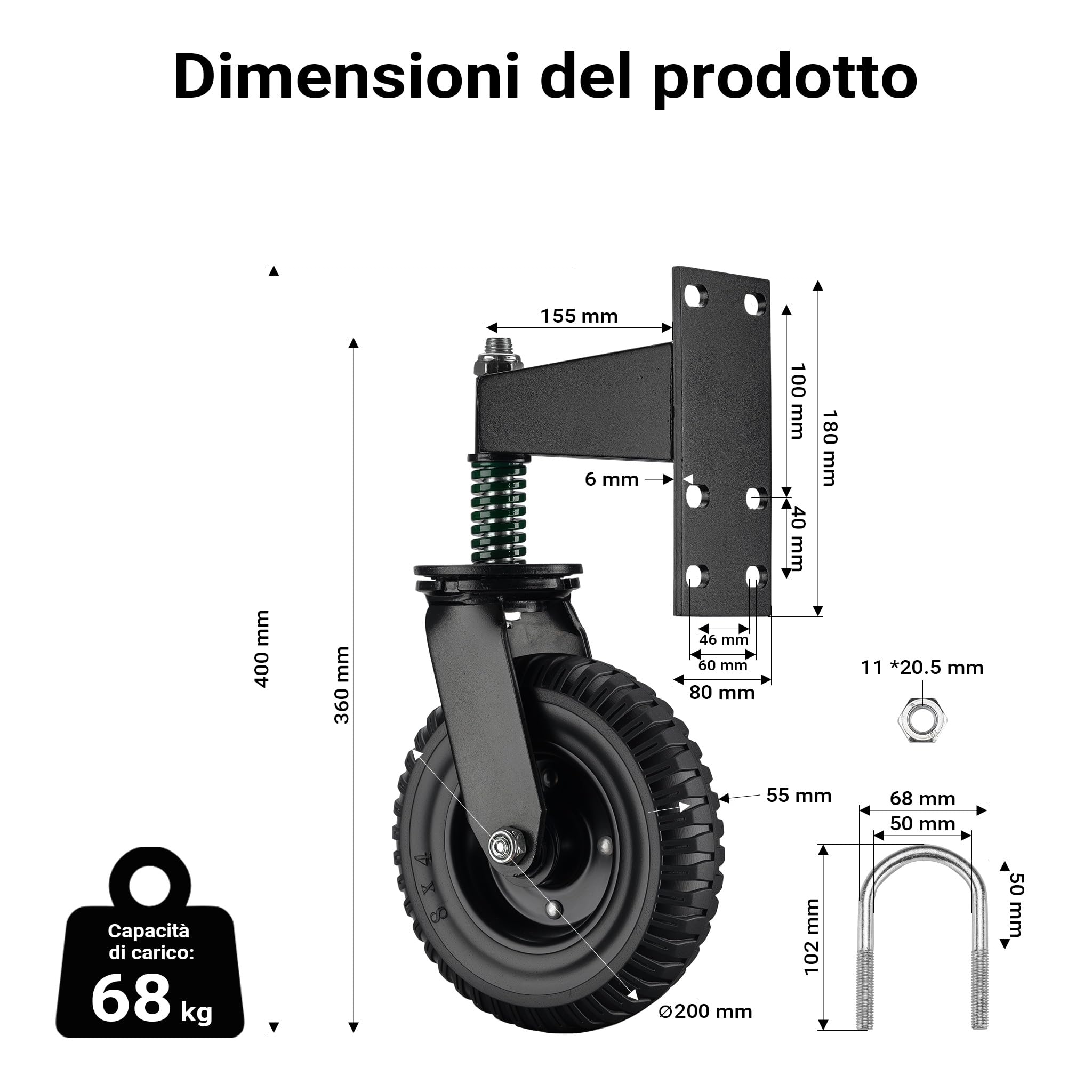 Wiltec Ruota Cancello Girevole 200mm 275kg Gomma
