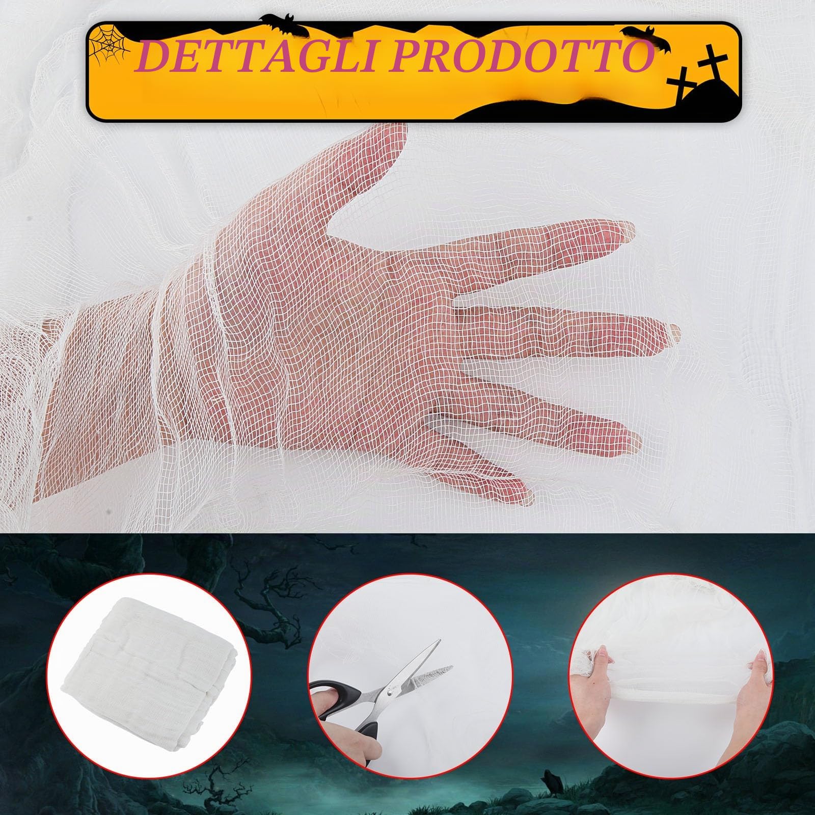 Wzone decorazione Halloween tulle bianco 215x600 cm 12 ragni