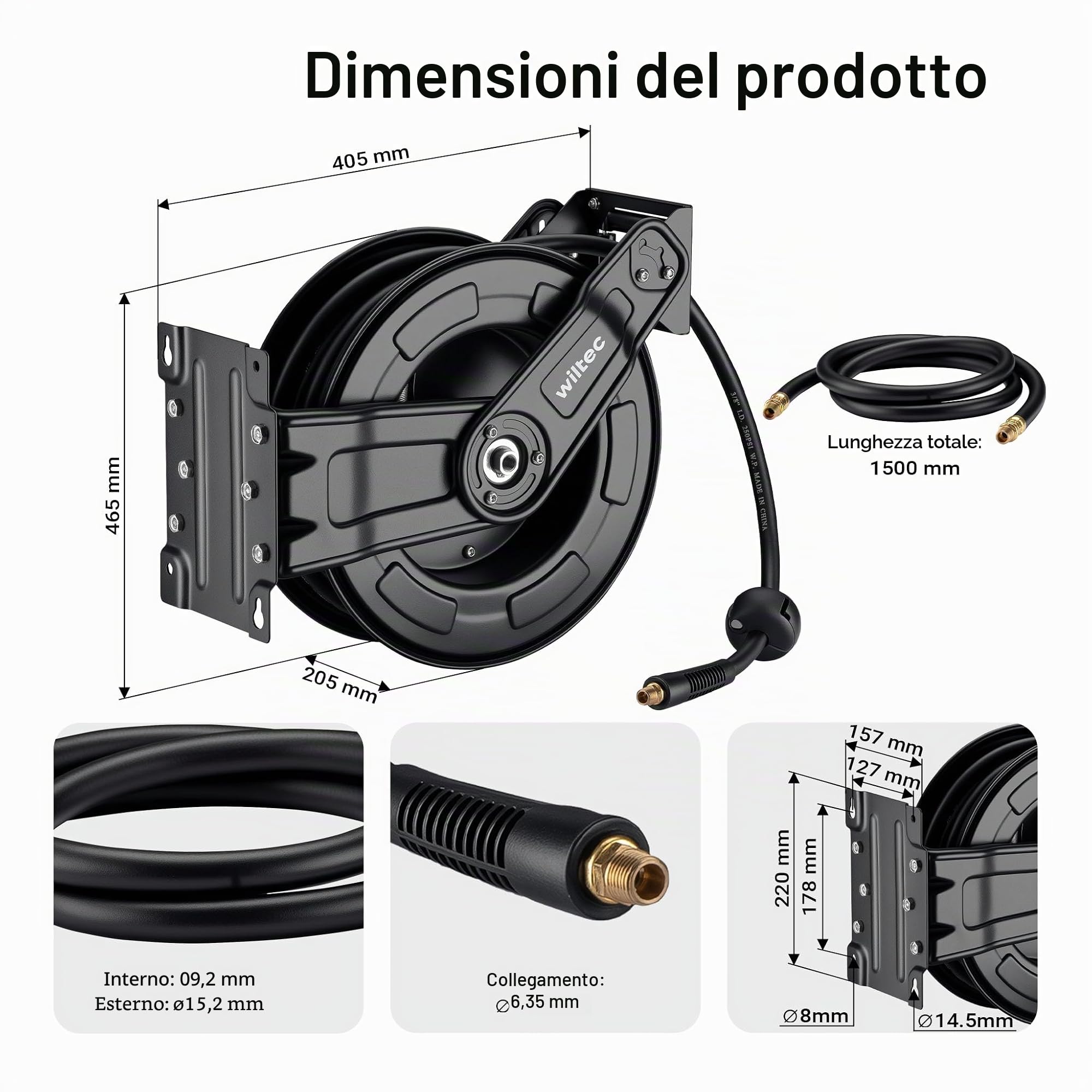 Wiltec Avvolgitubo Automatico 15 m 20 Bar Acciaio