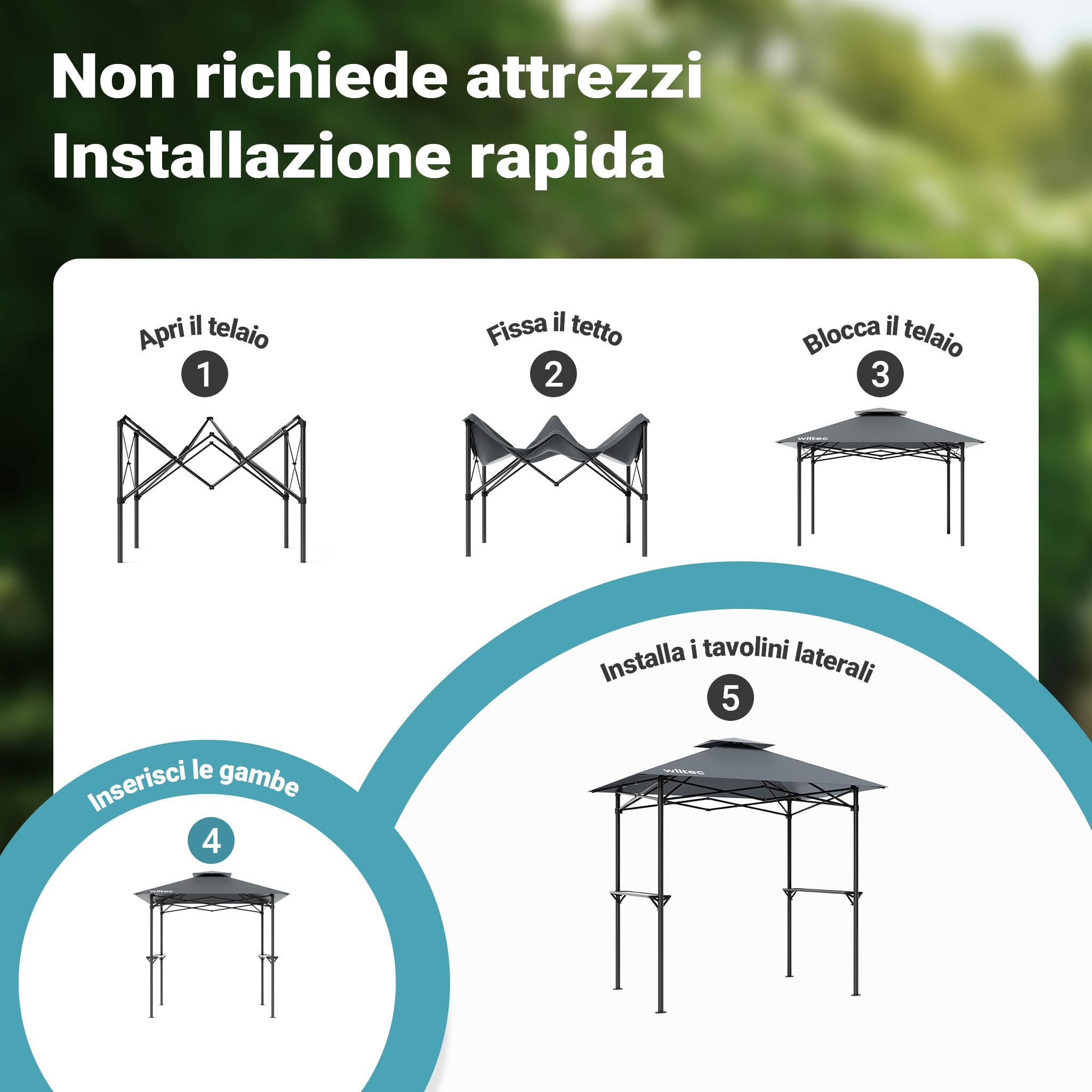 Wiltec Gazebo Barbecue 2,45x1,52 m grigio con 2 ripiani