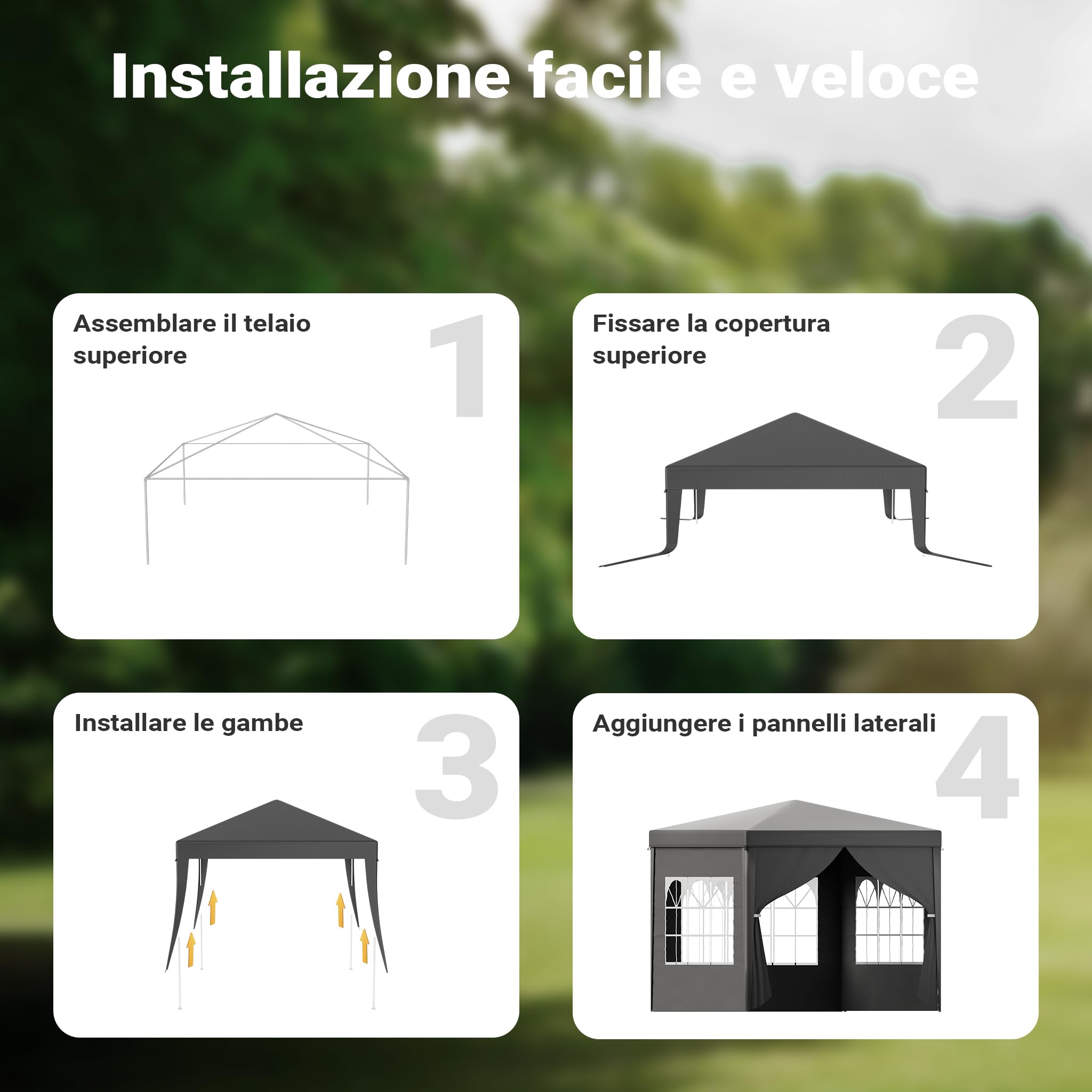 Toboli Gazebo 3x3 m Grigio con Lati e Finestre