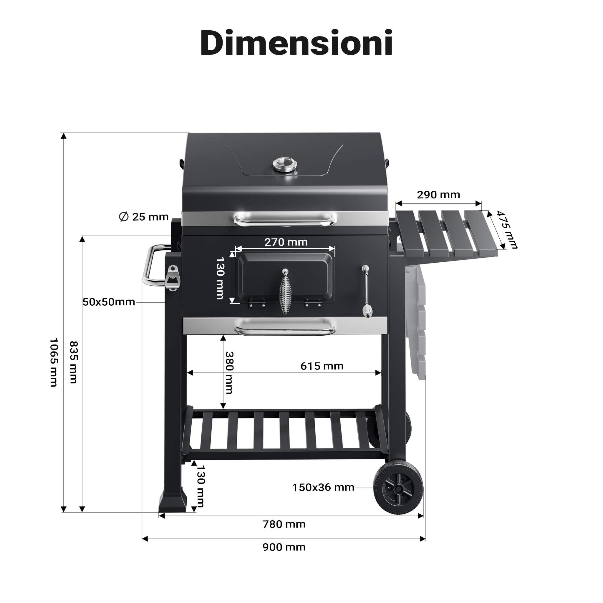 Wiltec Barbecue a Carbone Carrellato con Coperchio Termometro