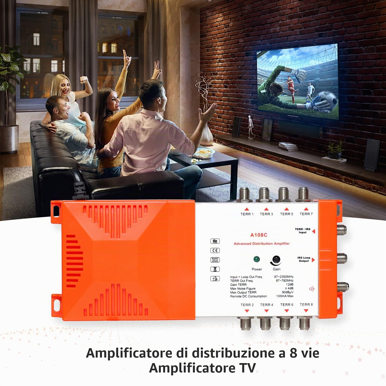 Weytoll Amplificatore antenna TV 8 vie 12 dB SAT