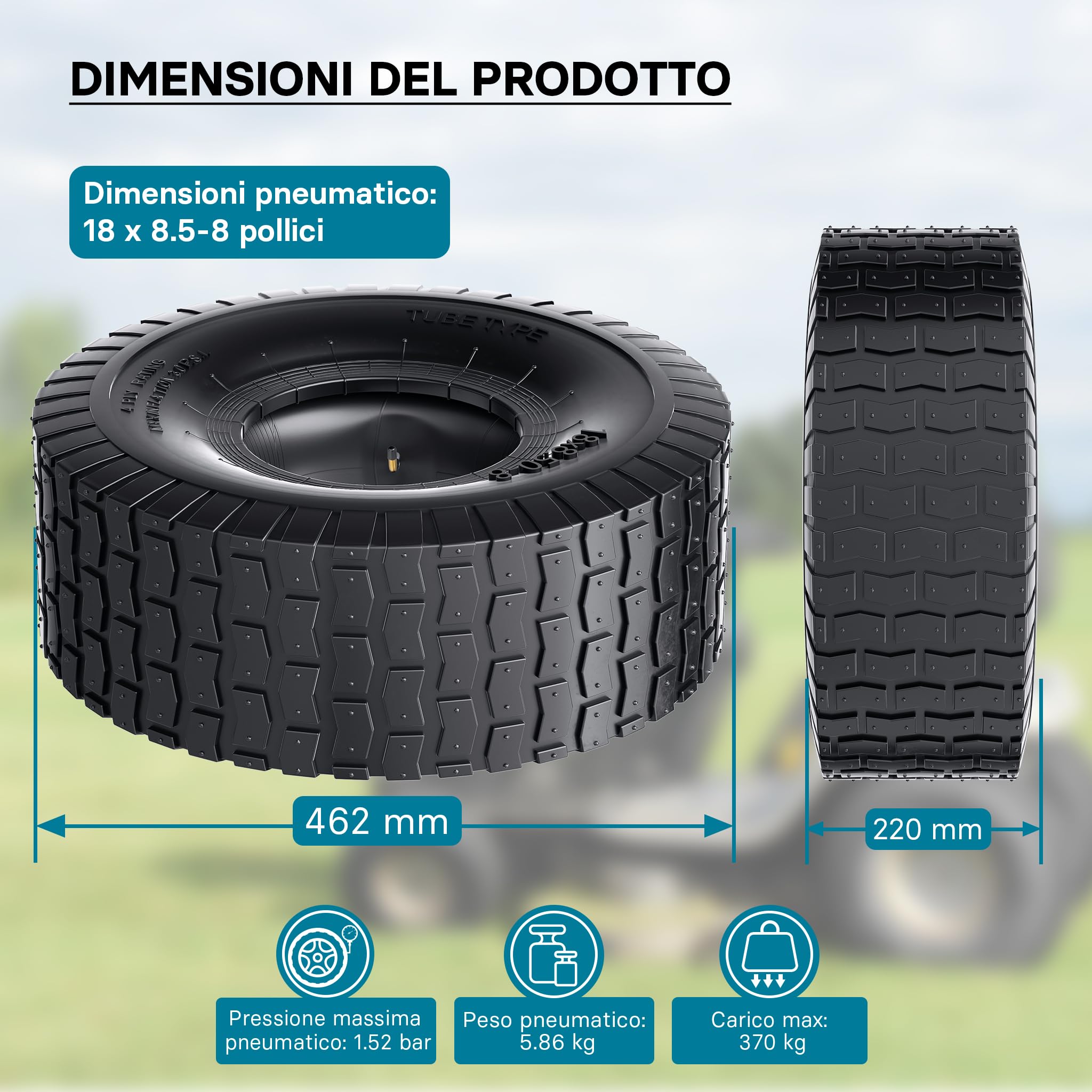 Wiltec 18x8.50-8 4PR Pneumatico Trattorino con Camera Valvola
