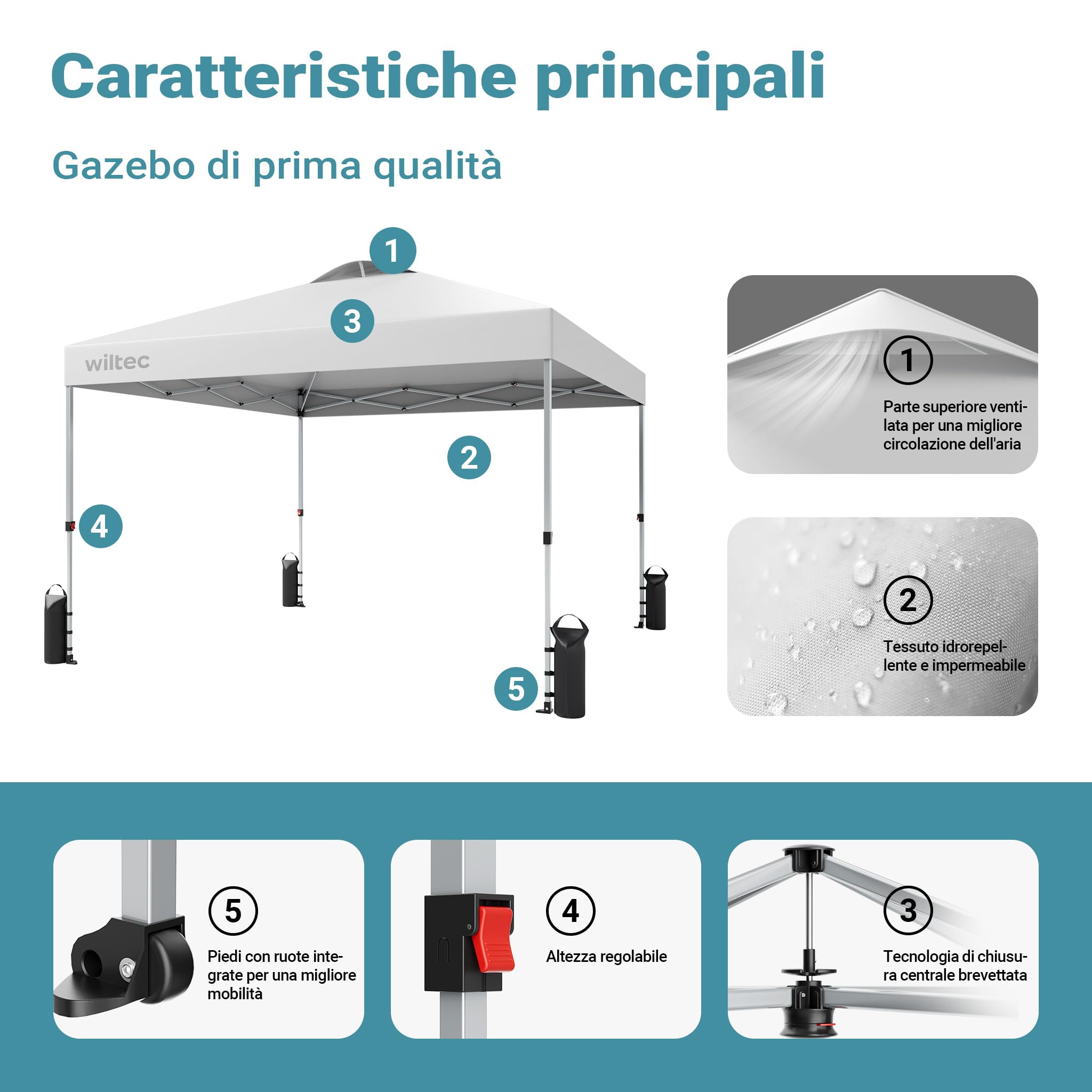 Wiltec Gazebo pieghevole 3x3 m bianco UV50+