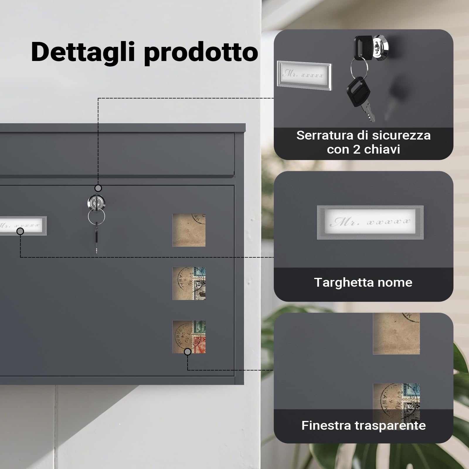 Wiltec Cassetta Postale V12 Antracite Finestrelle Nome