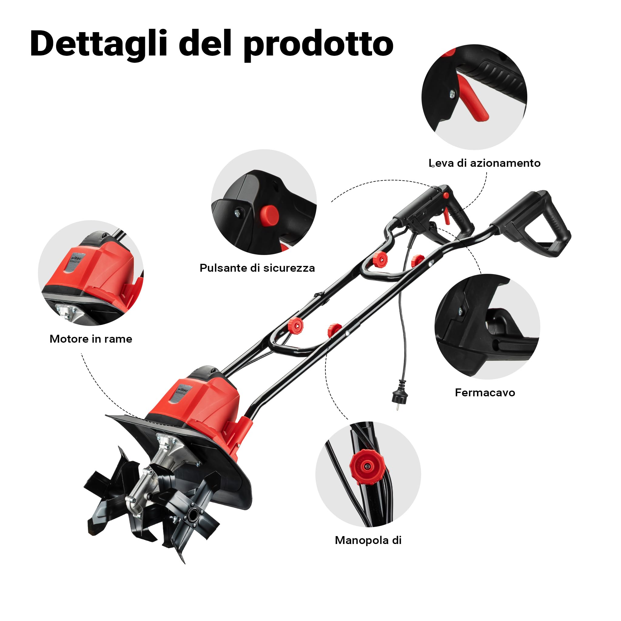 Wiltec motozappa elettrica 1050W 380 giri 16 lame 220 mm