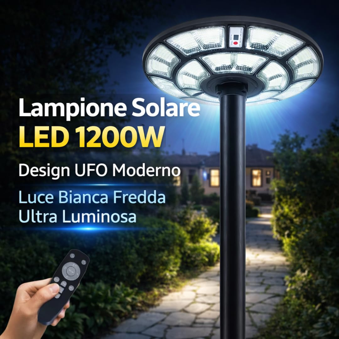 DE ROSA SHOP UFO 1200W Lampione Solare LED Esterno IP67
