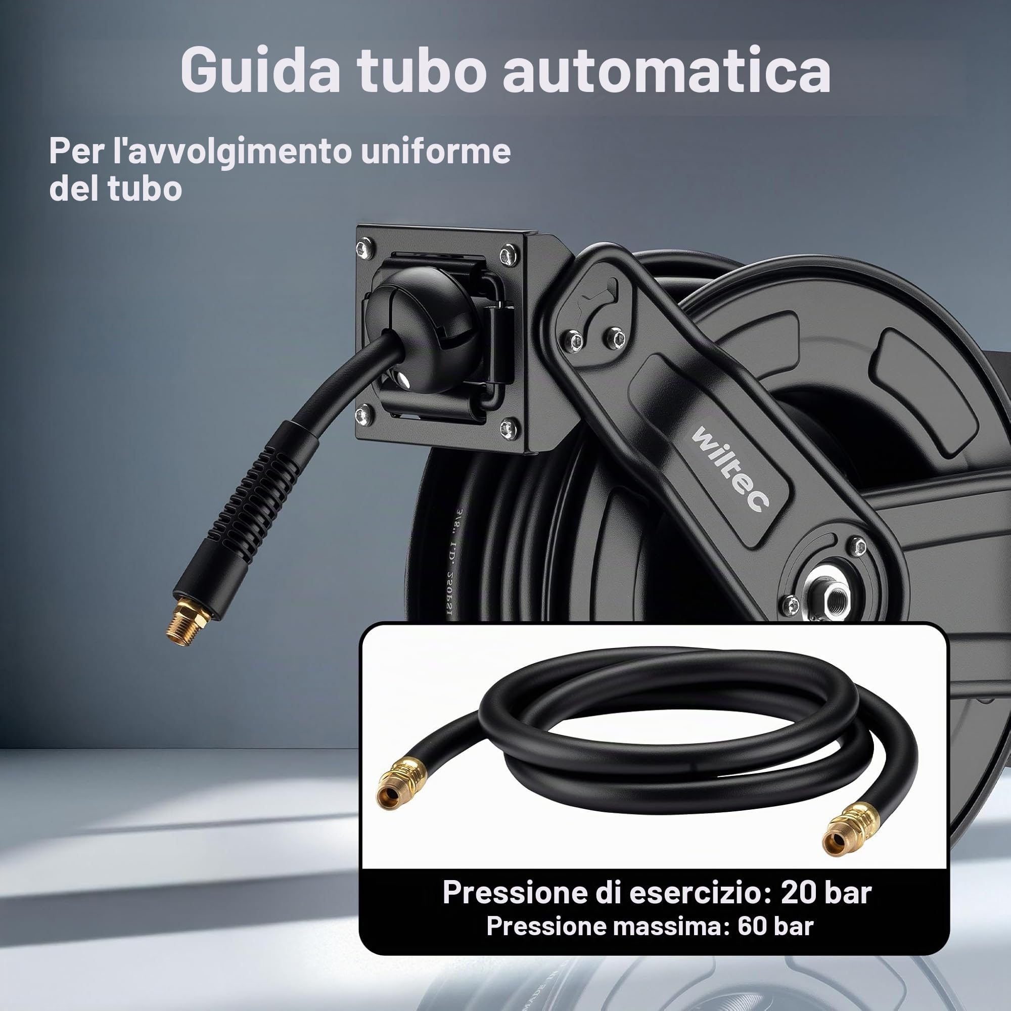 Wiltec Avvolgitubo Automatico 15 m 20 Bar Acciaio