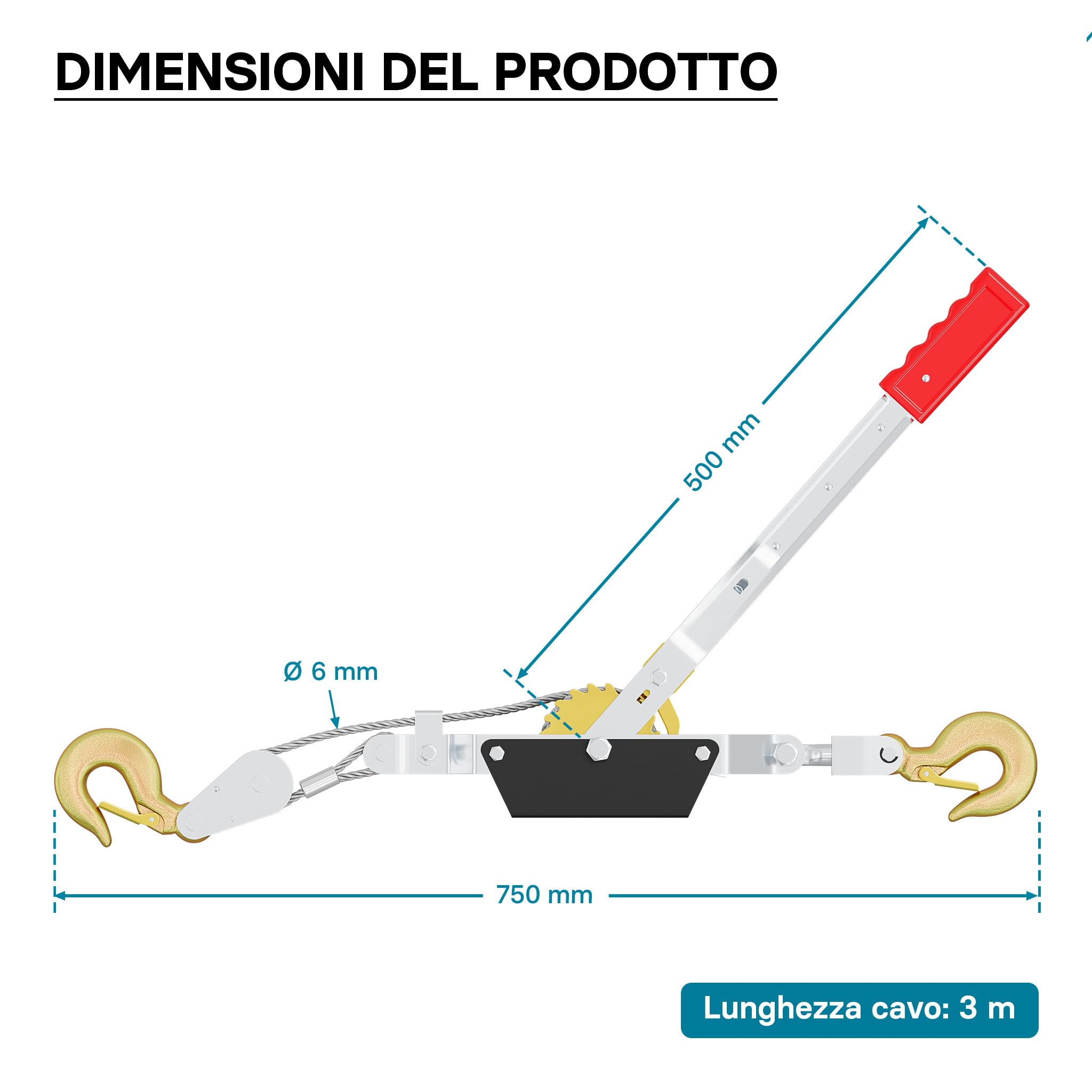 Wiltec Paranco a Leva 4000 kg Fune 3 m 2 Ganci