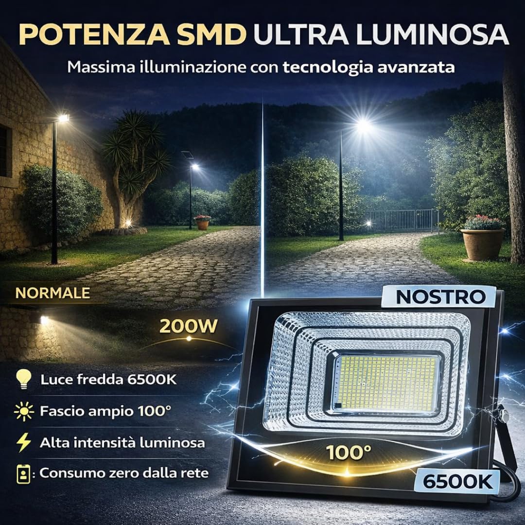 De Rosa Shop faro solare LED 1000W esterno telecomando IP67