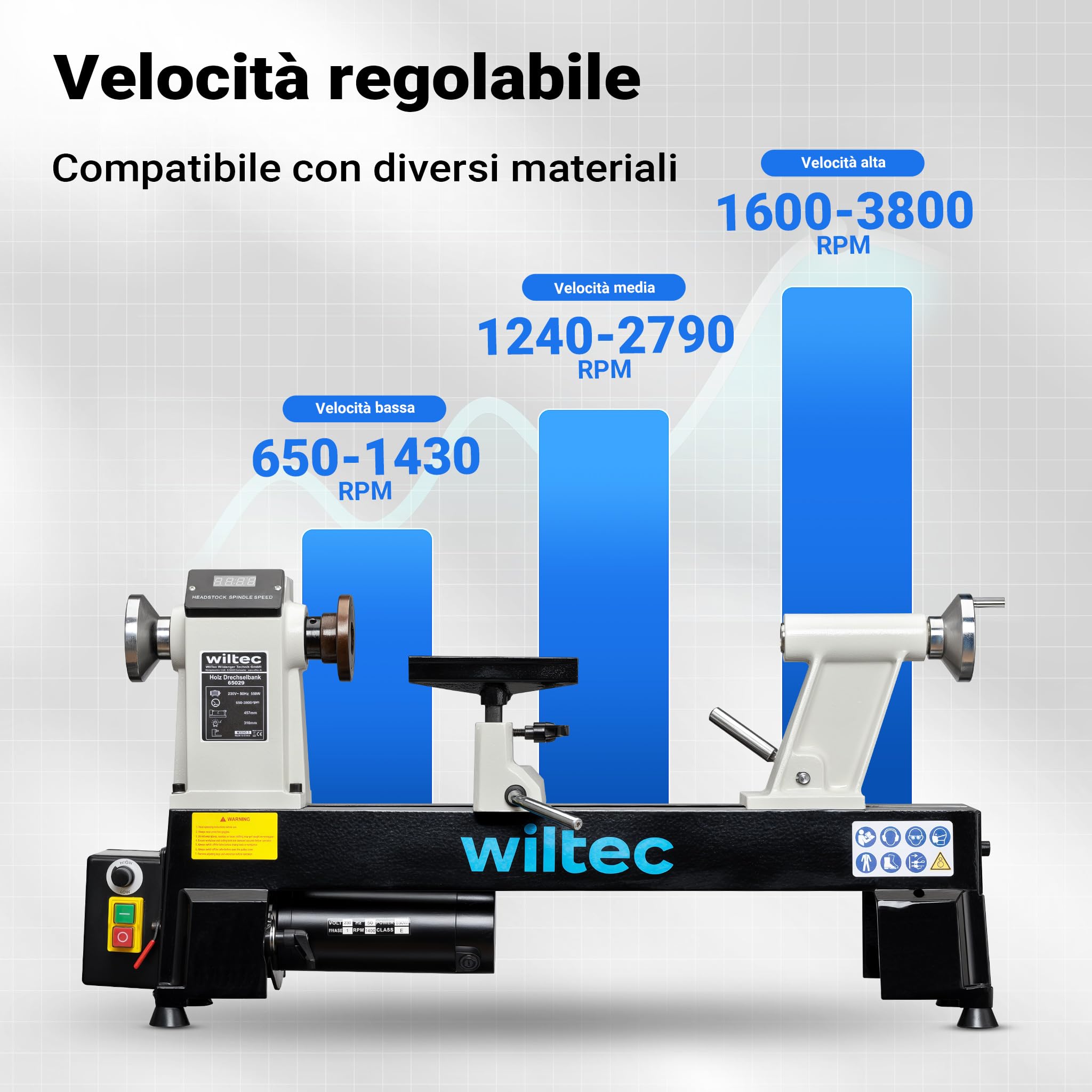 Wiltec Tornio per Legno 550 W 650-3800 giri/min in Ghisa