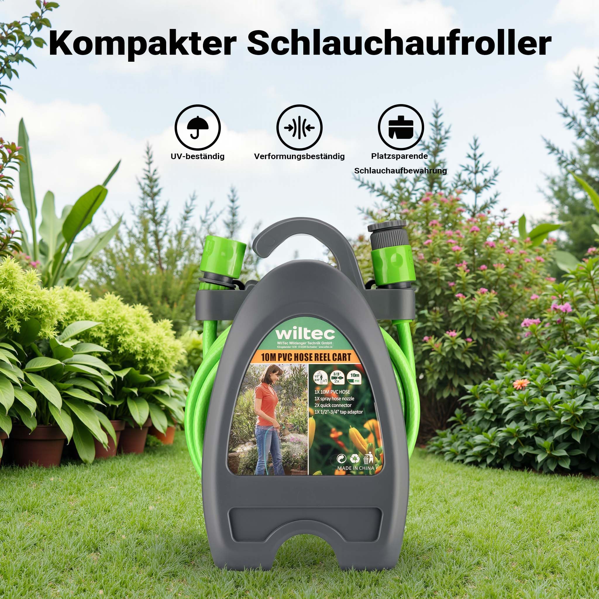 Wiltec Avvolgitubo giardino 10 m pistola 5 getti portatile