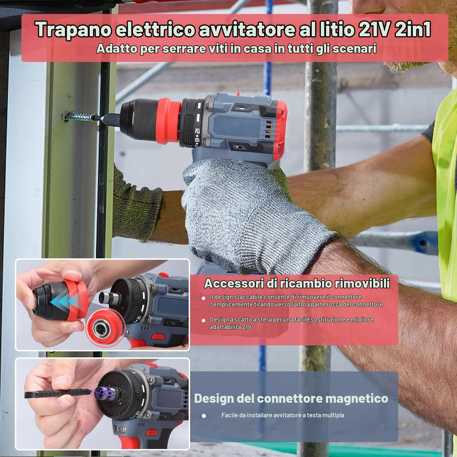 Weytoll Trapano Avvitatore Batteria 21V 55Nm Brushless 2in1