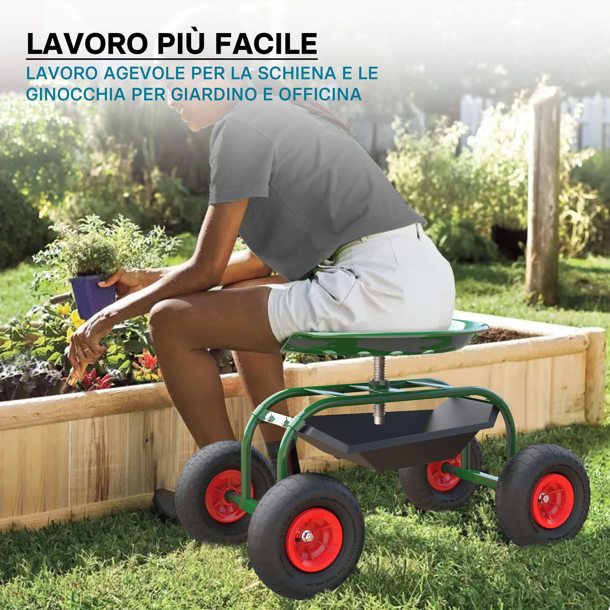 Wiltec Sgabello Giardinaggio Officina con Ruote 150 kg