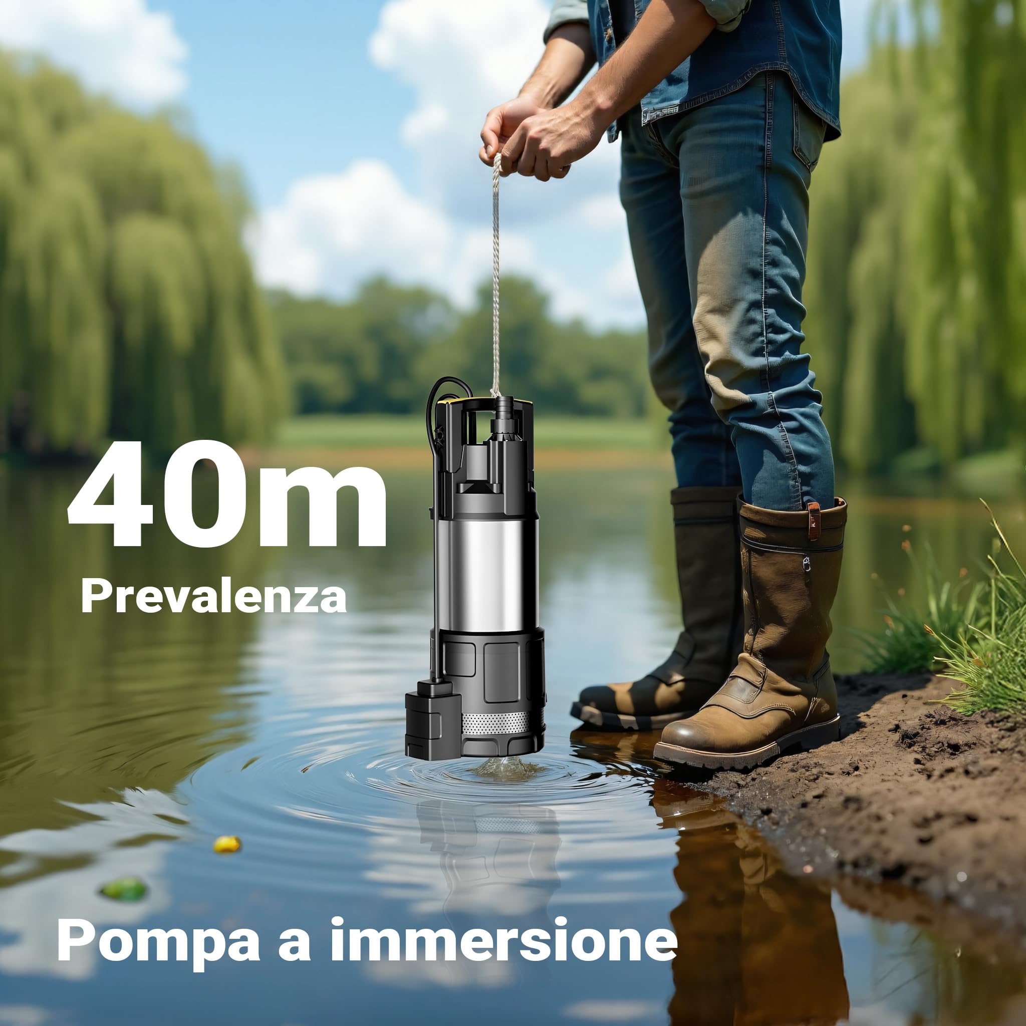Wiltec Pompa Sommersa 1200W 6000l/h Nero+Acciaio Pozzi Cisterne