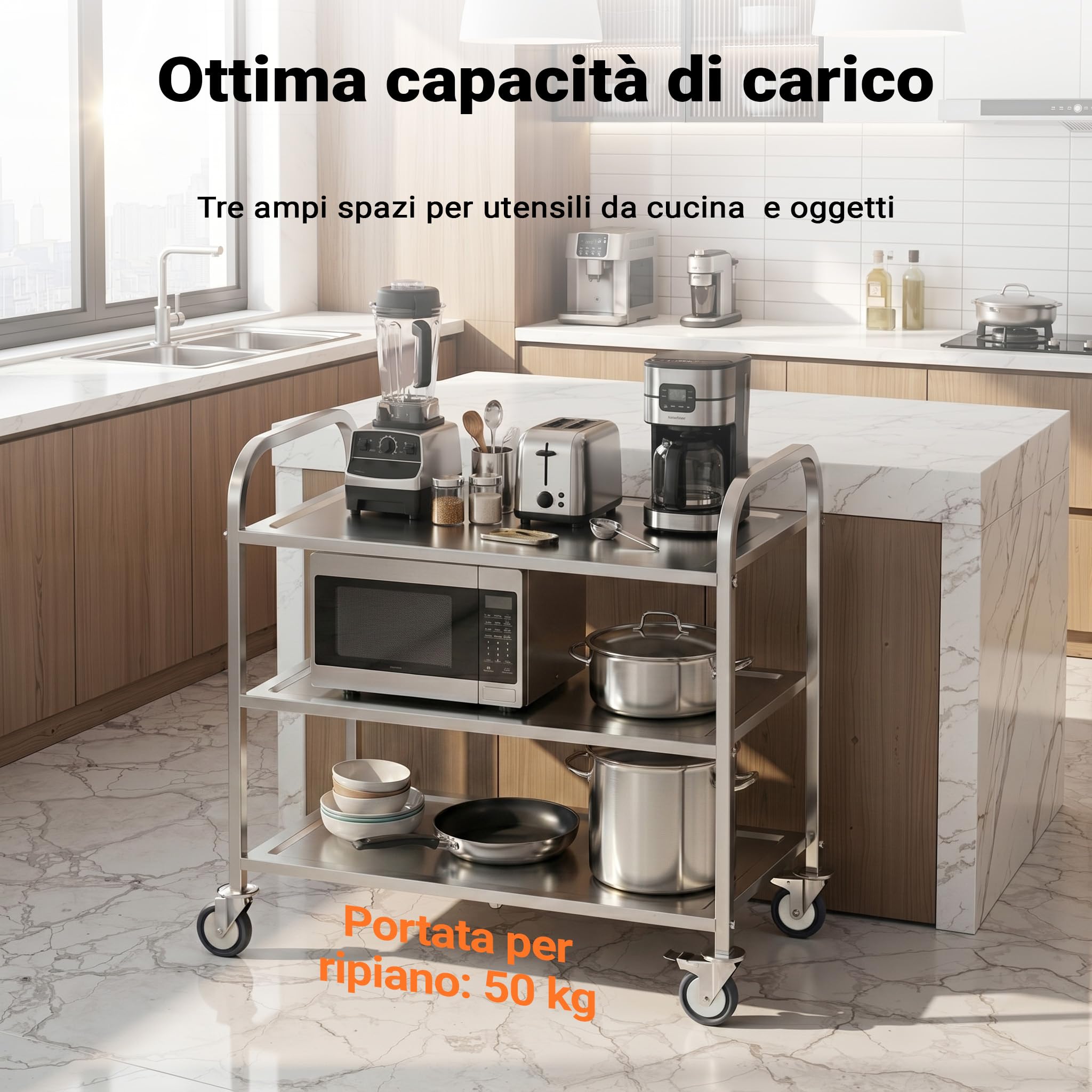 Wiltec carrello portavivande 3 ripiani acciaio inox 150 kg