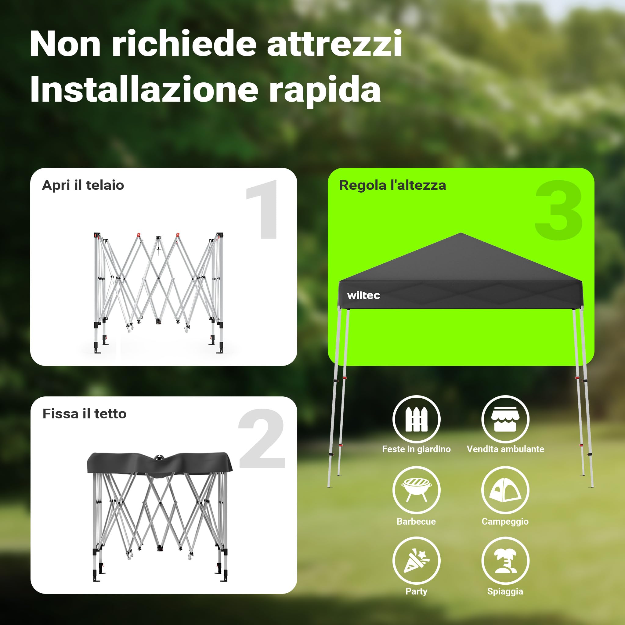 Wiltec gazebo pieghevole grigio 2,5x2,5 m tetto UV50+