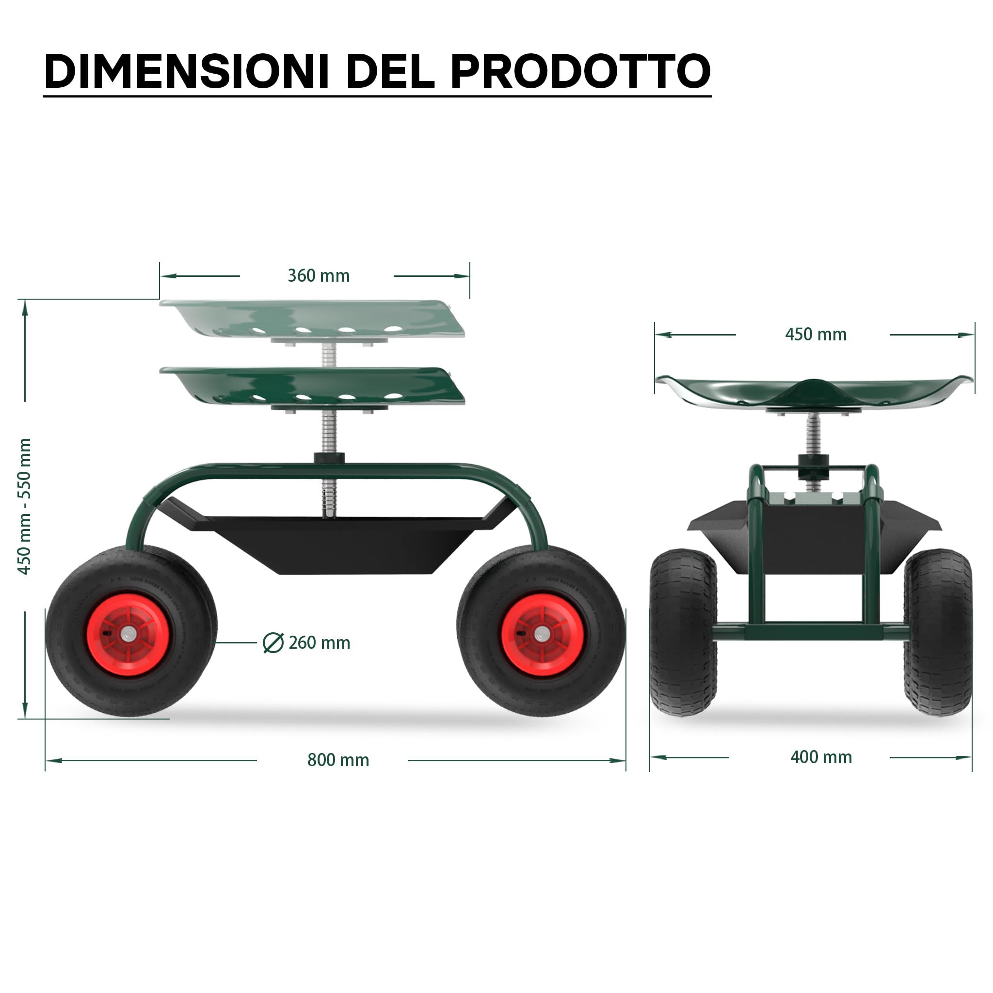 Wiltec Sgabello Giardinaggio Officina con Ruote 150 kg