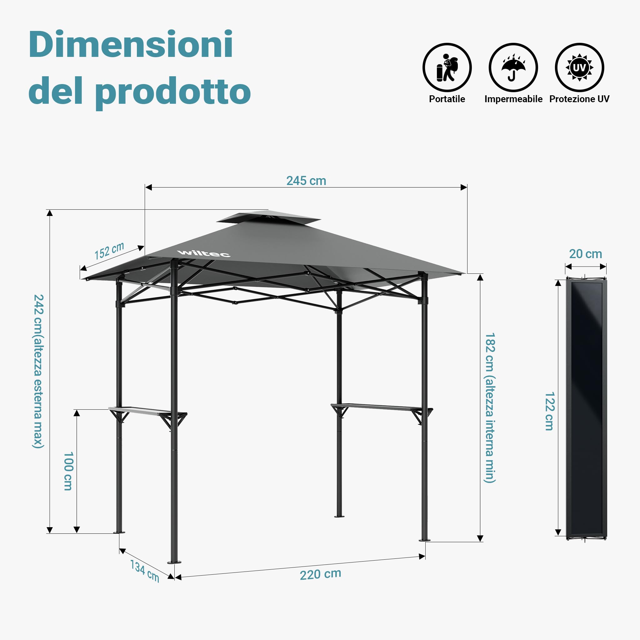 Wiltec Gazebo Barbecue 2,45x1,52 m grigio con 2 ripiani
