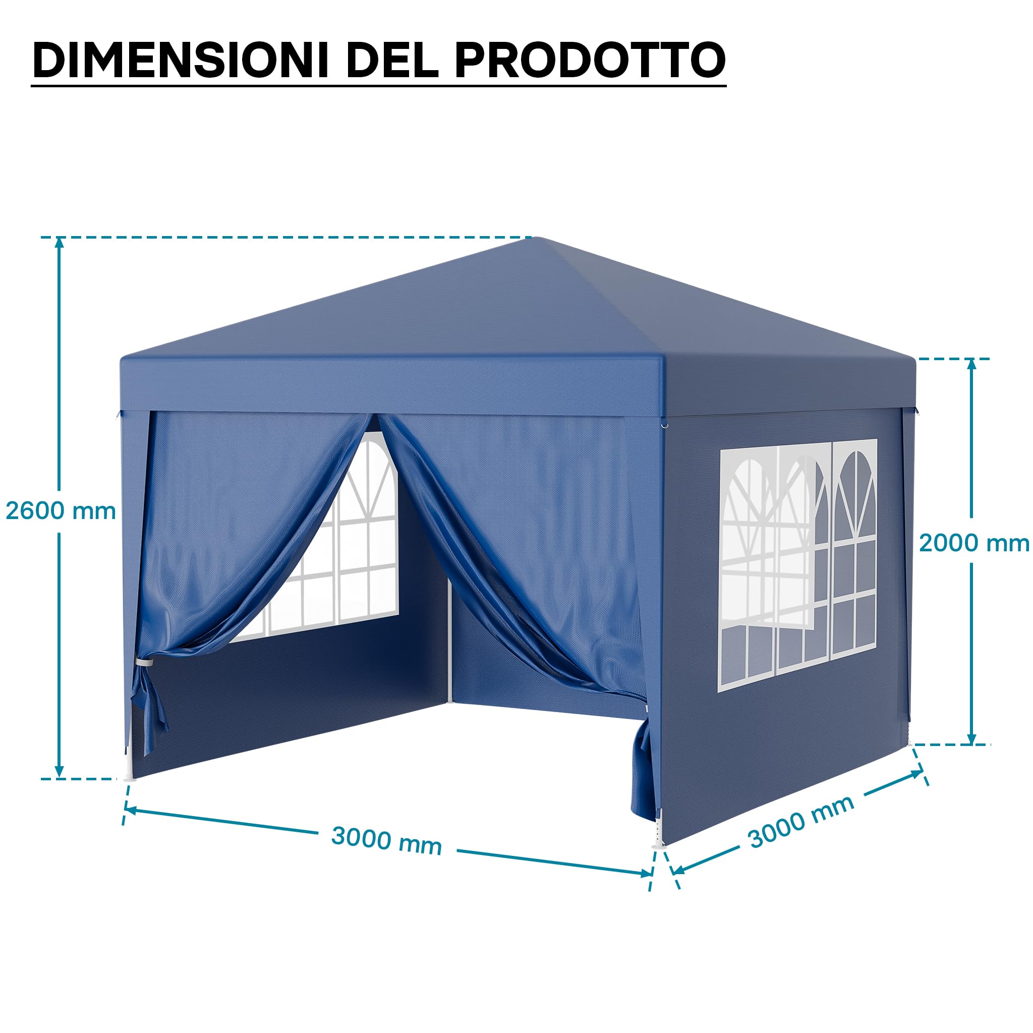 Wiltec Gazebo Blu 3x3m con Pareti Laterali Protezione UV50+