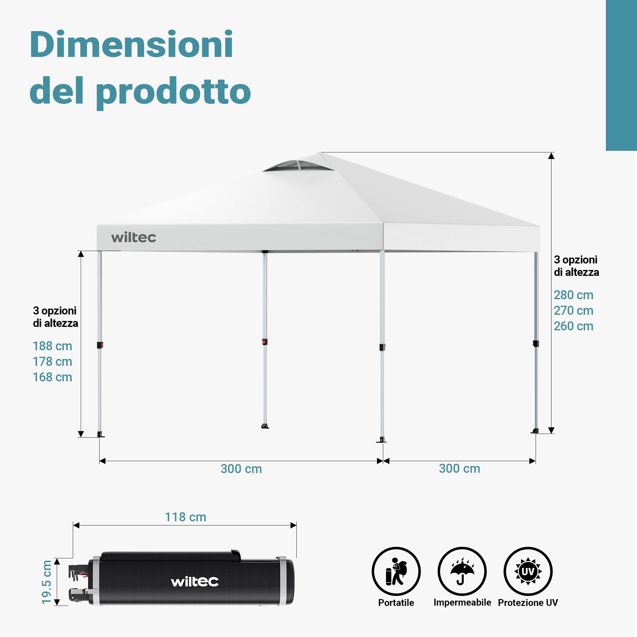 Wiltec Gazebo pieghevole 3x3 m bianco UV50+