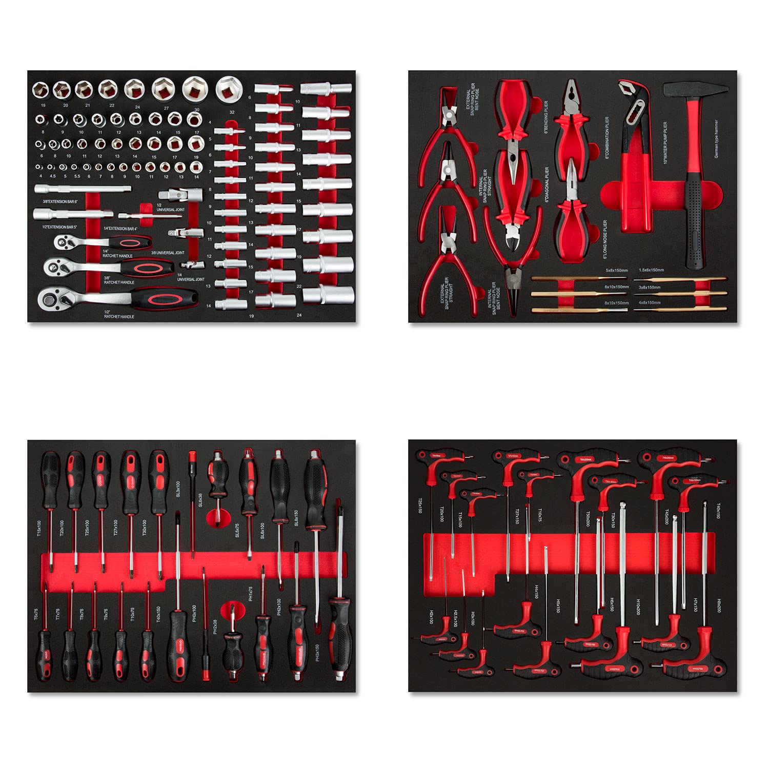 EBERTH Set Attrezzi 114 pezzi inserti schiuma rosso 3 cassetti