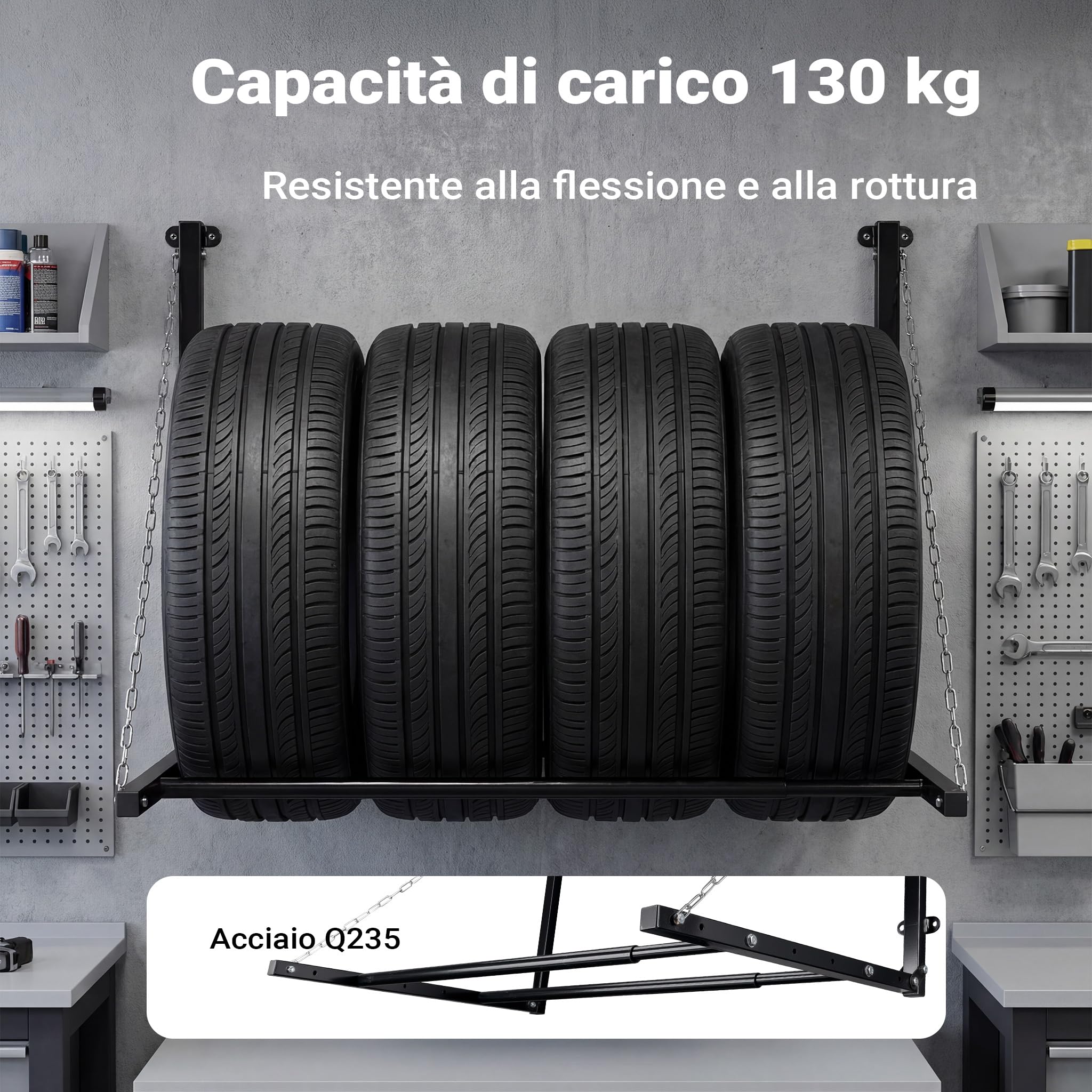 Wiltec Supporto pneumatici a parete 130 kg 4 ruote pieghevole