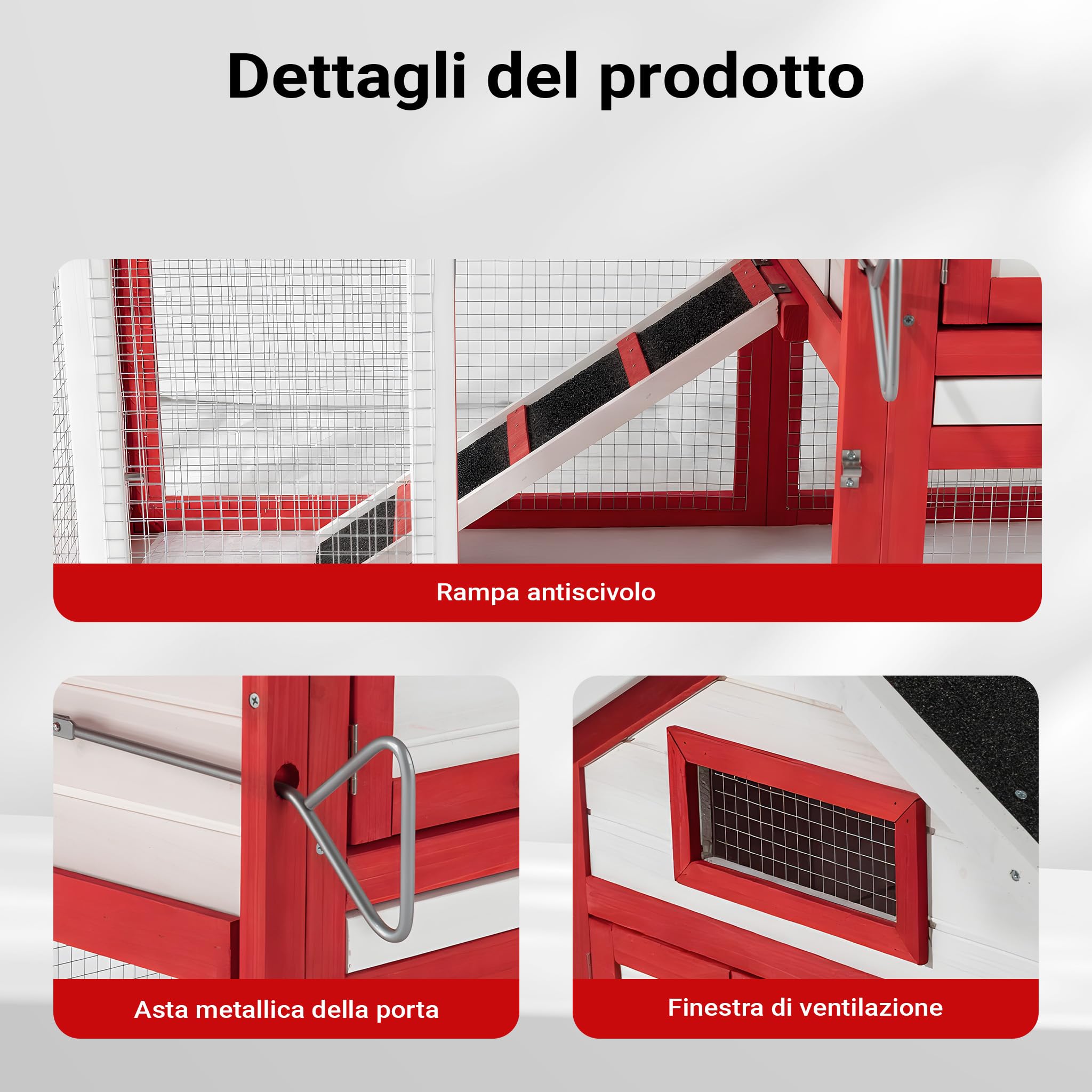 Wiltec pollaio legno bianco-rosso 152x52x92 cm nido
