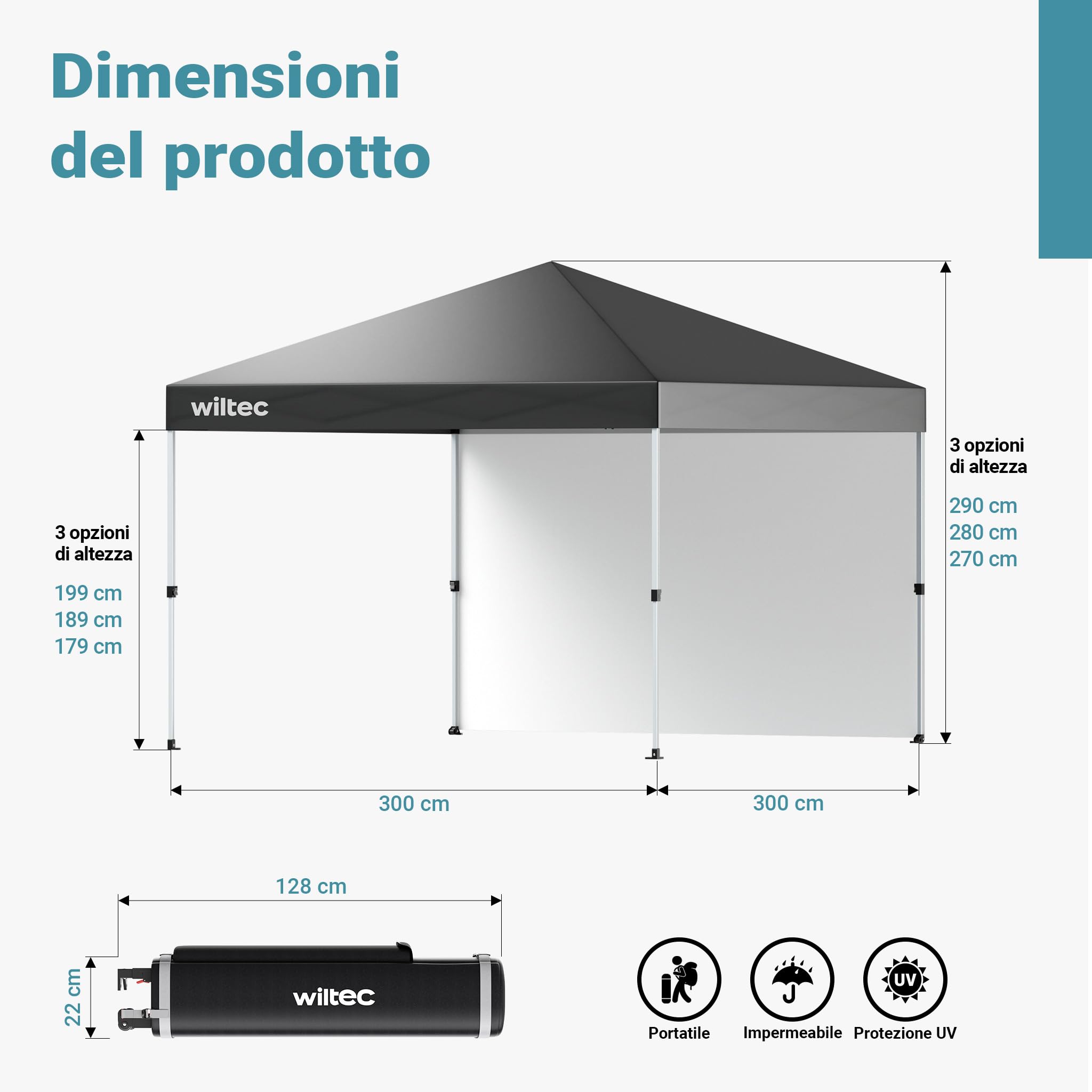 Wiltec gazebo pieghevole 3x3 m grigio con ruote