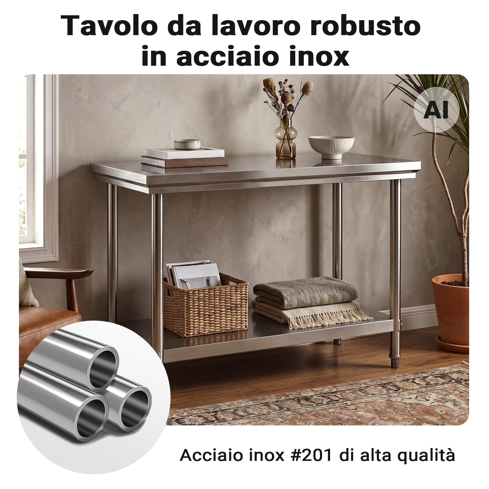 Wiltec Tavolo da Lavoro Inox 120x60x85 cm senza alzata 250 kg