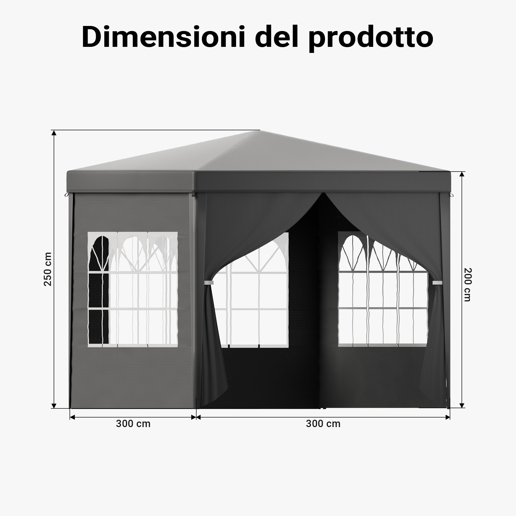 Toboli Gazebo 3x3 m Grigio con Lati e Finestre