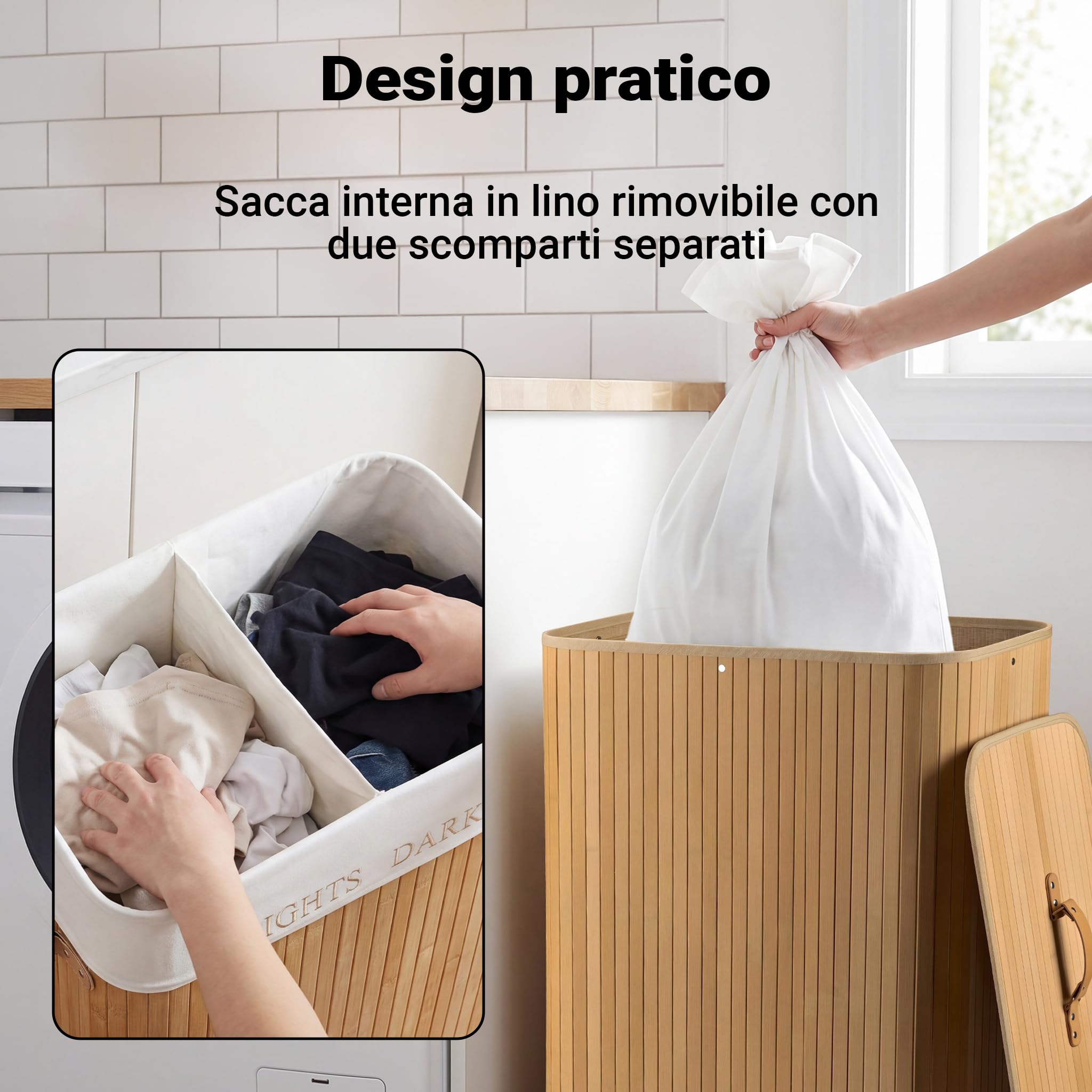 Wiltec Cesto Portabiancheria Bambù 105 L Doppio Scomparto