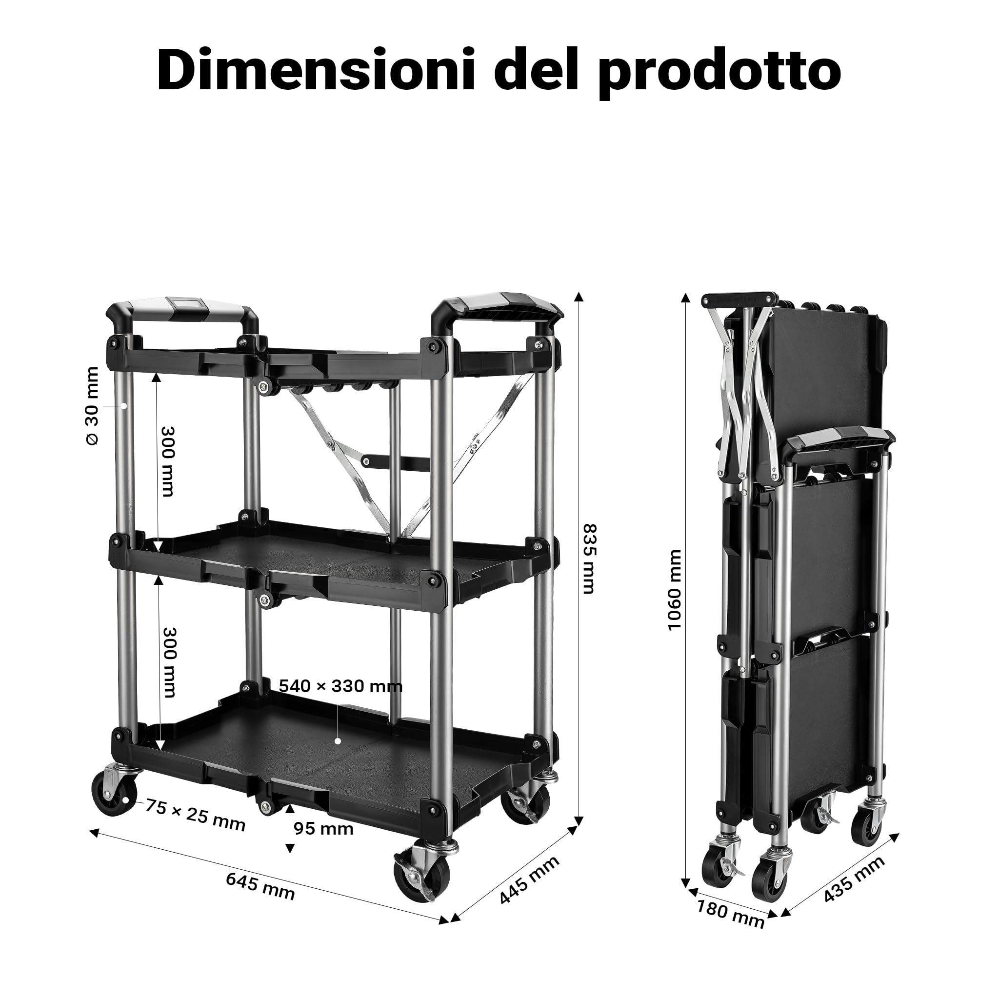 Wiltec Carrello Pieghevole 3 Piani 120 kg 64,5 cm