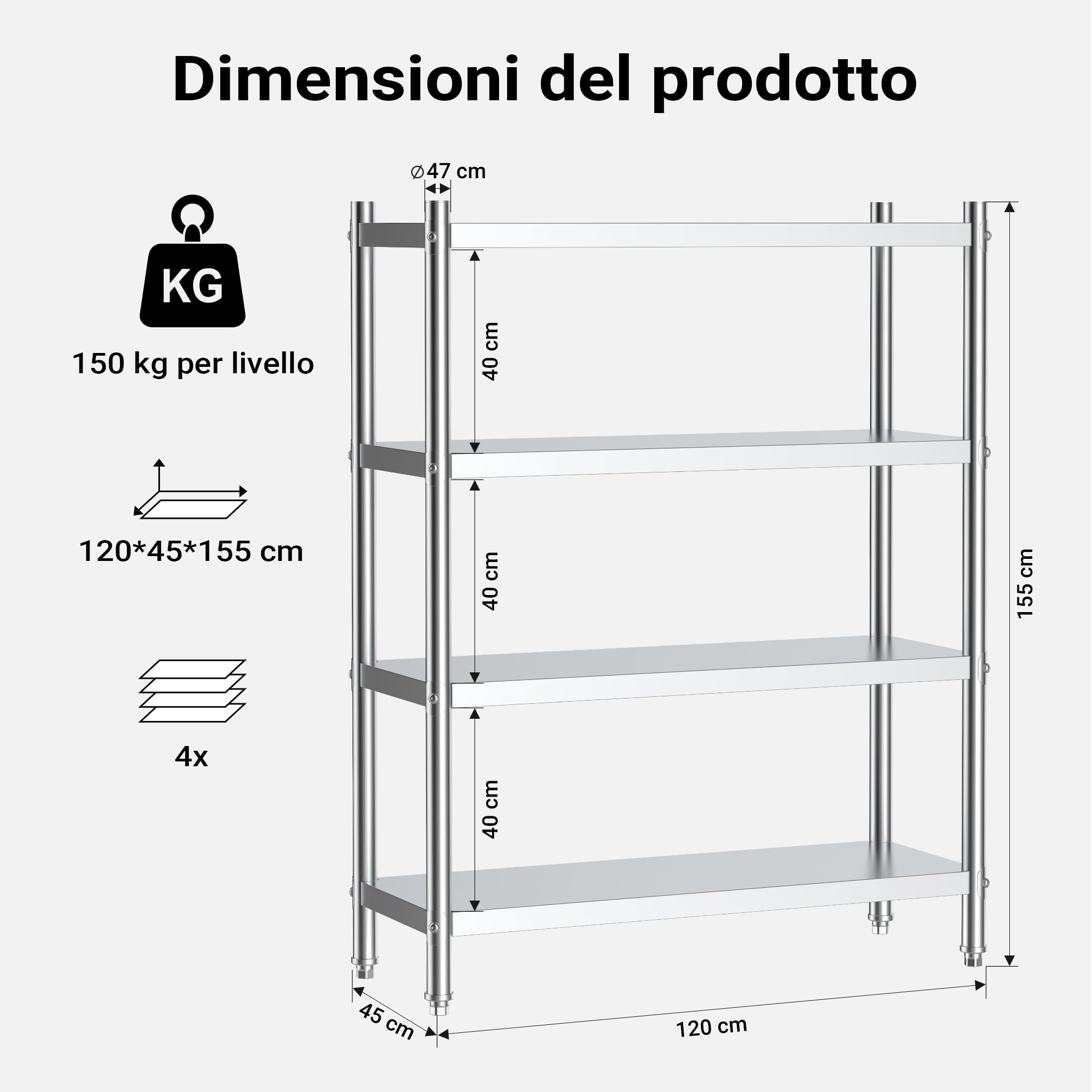 Wiltec Scaffale Acciaio Inox 120x50x155cm 4 Ripiani 150kg