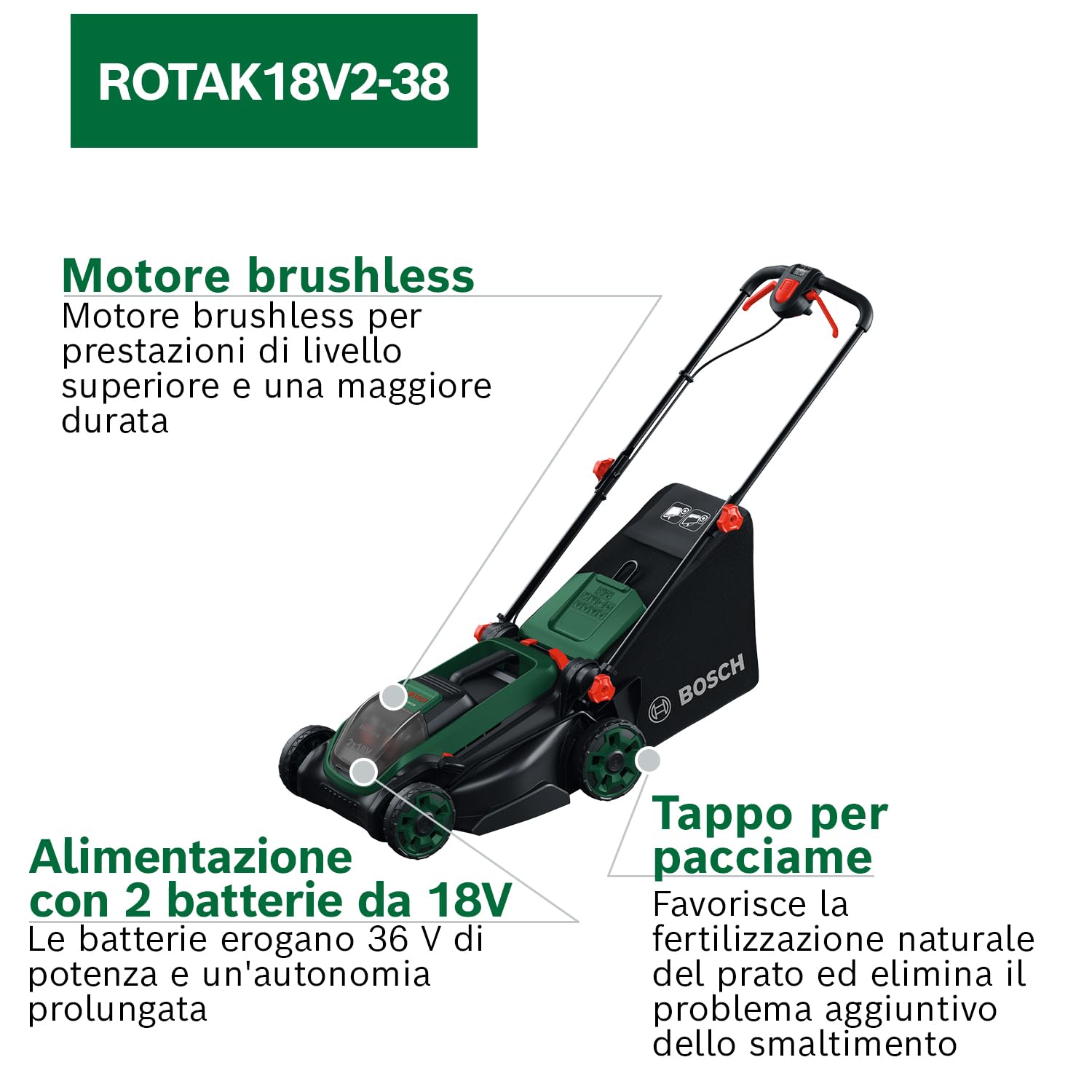 Bosch ROTAK18V2-38 rasaerba a batteria senza batteria brushless