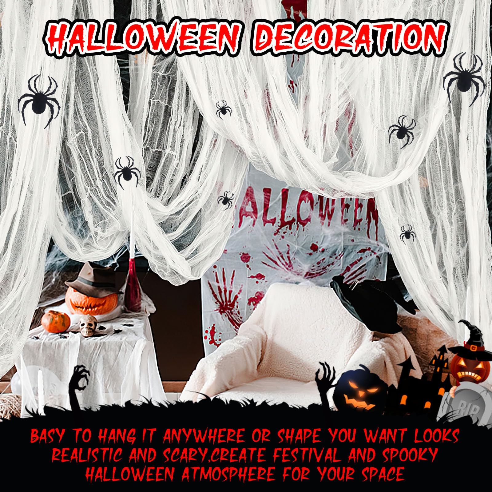 Wzone decorazione Halloween tulle bianco 215x600 cm 12 ragni