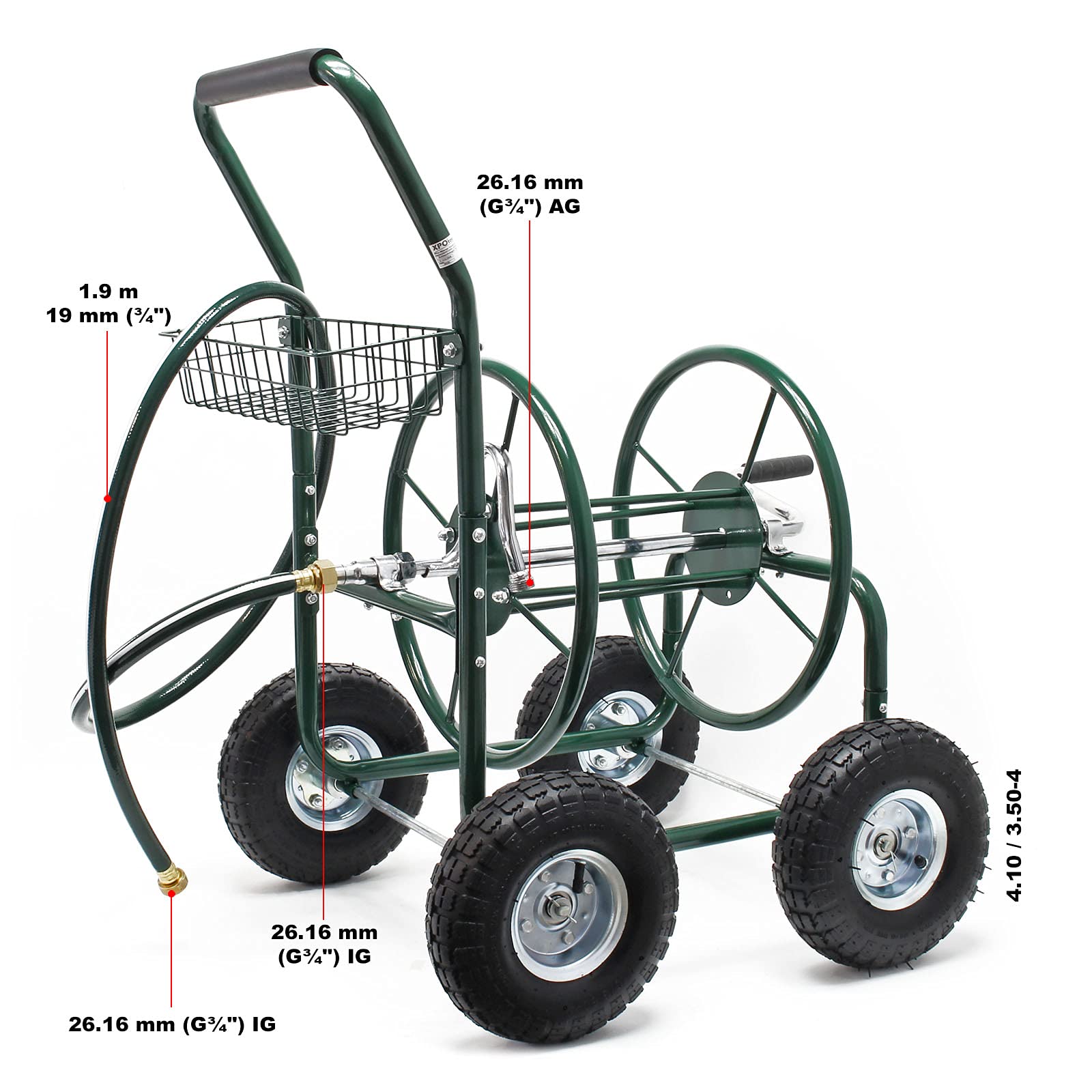 Wiltec carrello avvolgitubo 16 mm max 76 m ruote 25cm