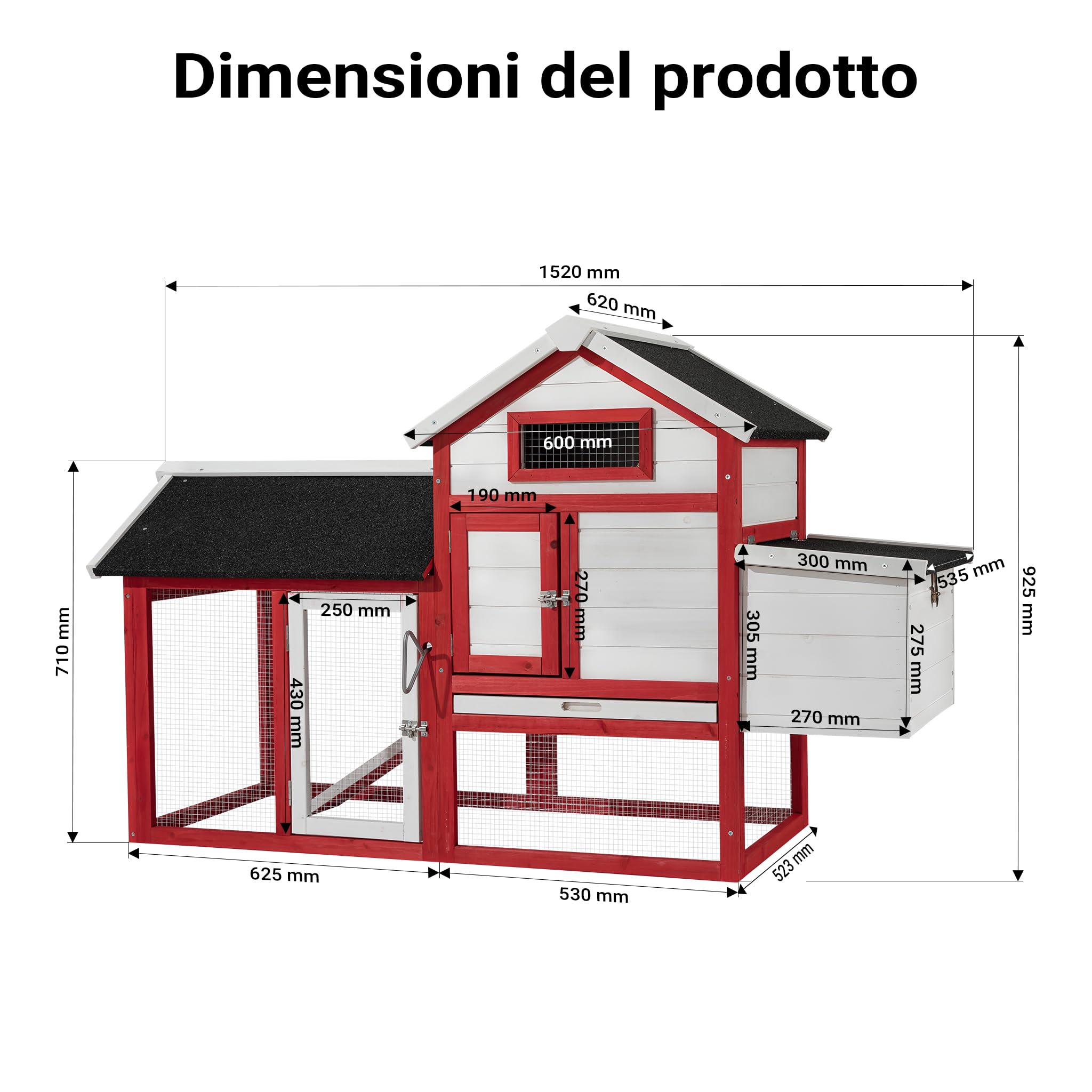 Wiltec pollaio legno bianco-rosso 152x52x92 cm nido