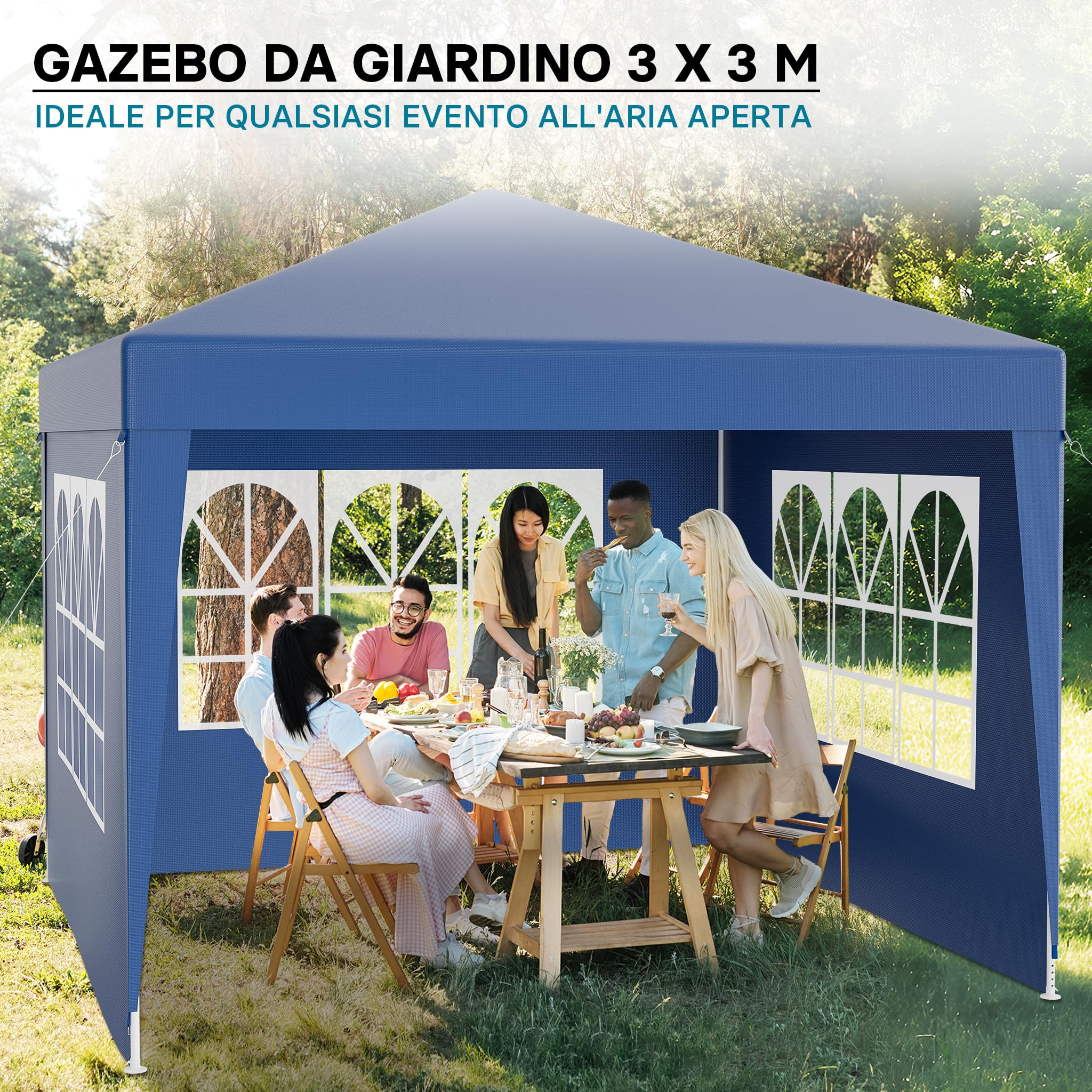 Wiltec Gazebo Blu 3x3m con Pareti Laterali Protezione UV50+