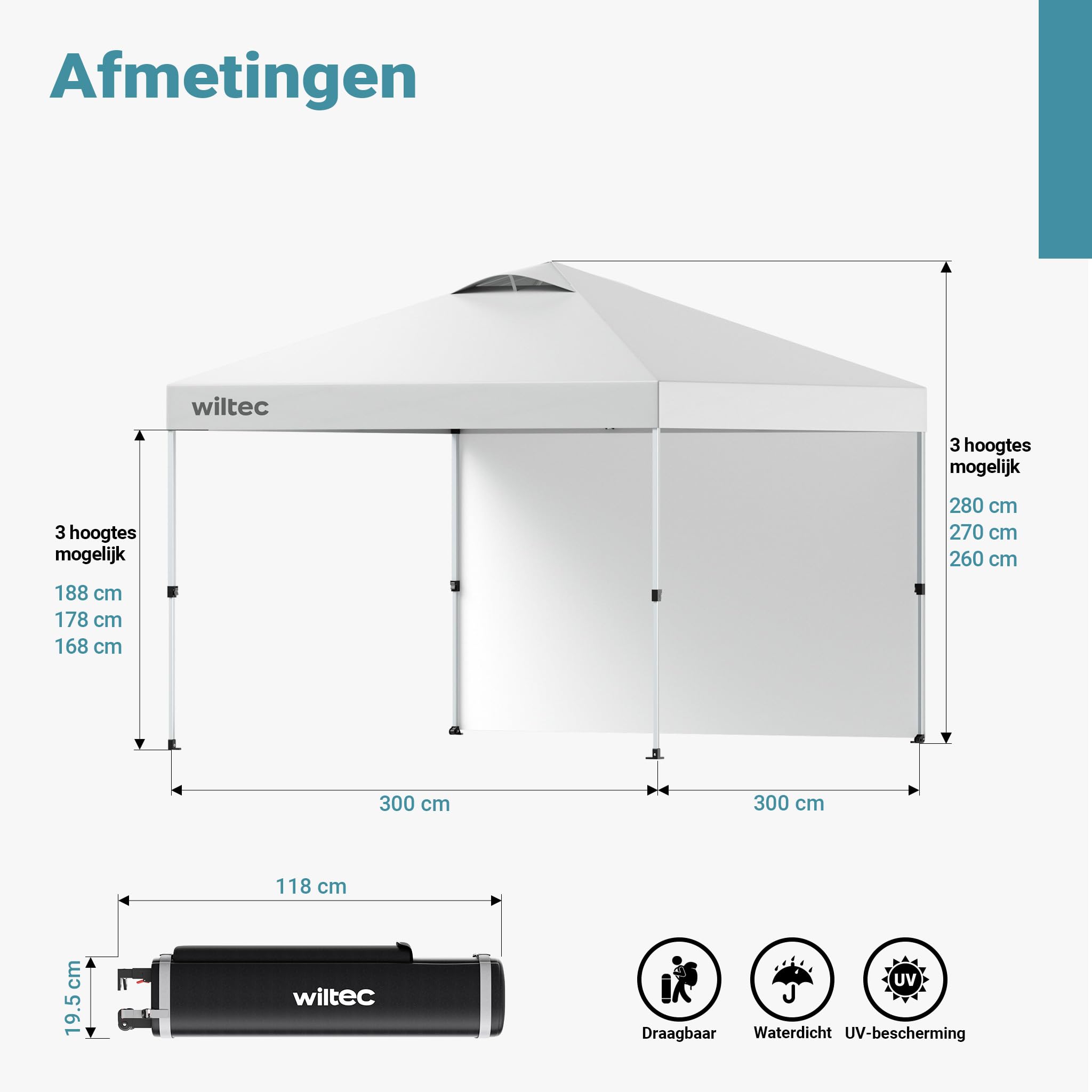 Wiltec Gazebo Pieghevole Pop-Up 3x3 m Bianco con Parete